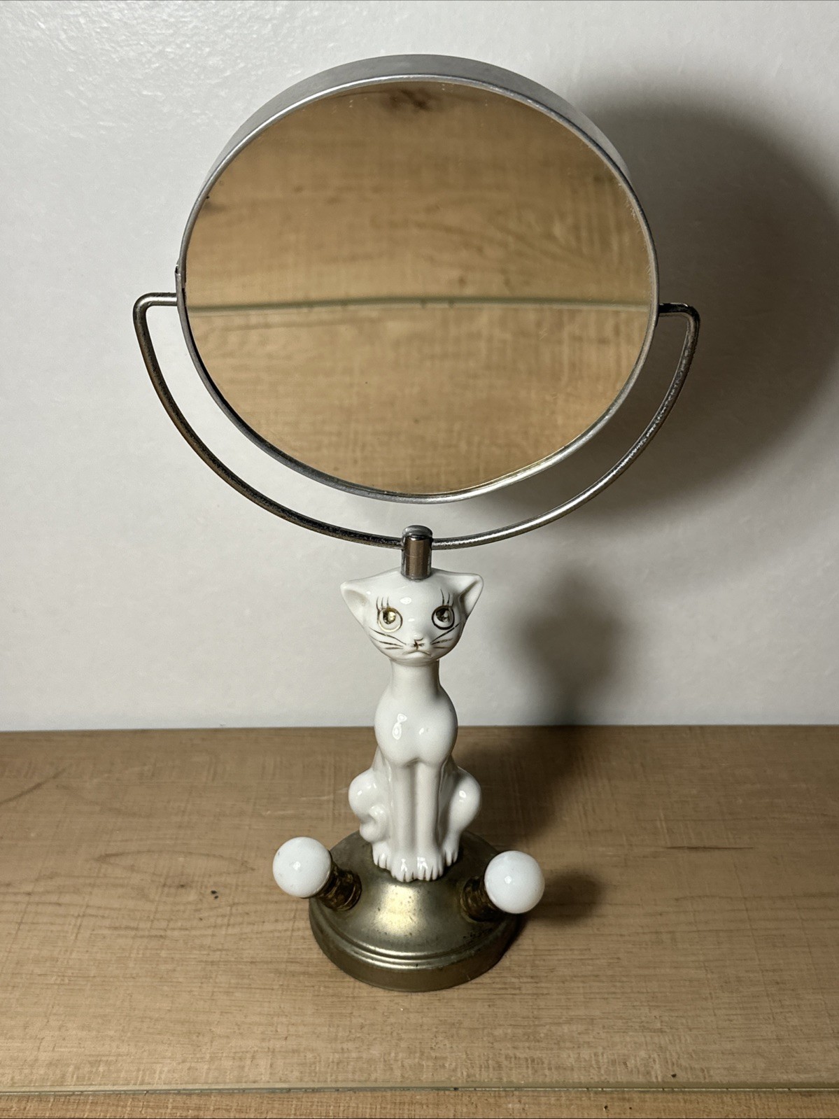 RARE Vintage MCM Ceramic Cat Swivel Vanity Mirror On Pedestal - Kitsch 