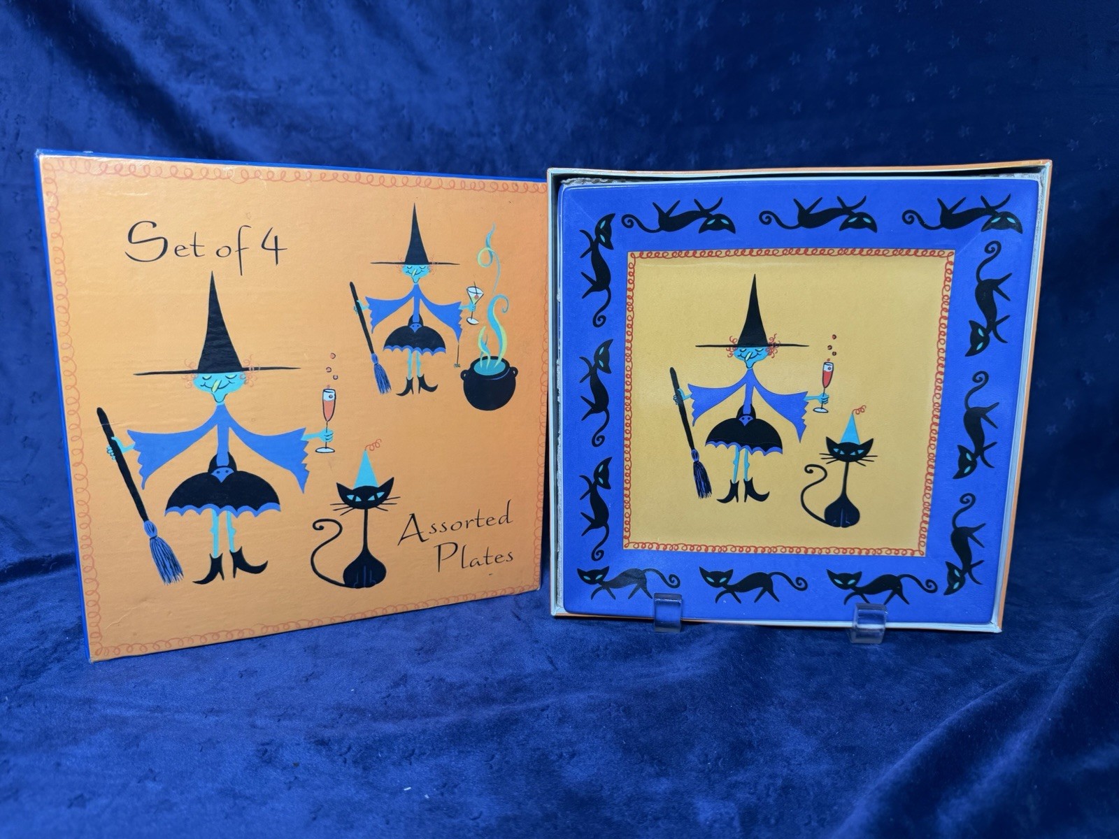 New Vtg Wendoverlane Mary Kober Halloween Assorted Witch Plates Set of 4 Boxed
