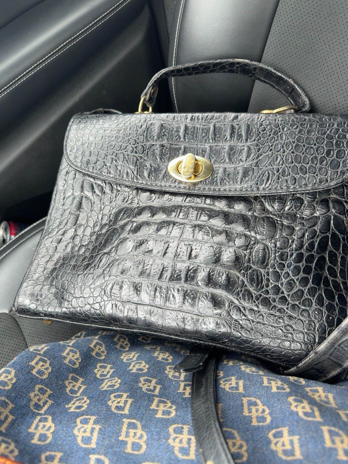 Vintage Marino Orlandi Made in Italy Black Crocodile-Embossed Leather Top Handle