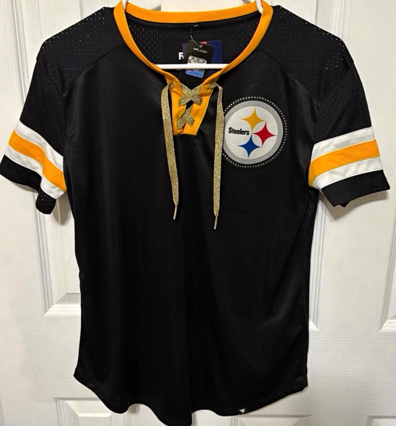 Fanatics NEW Pittsburgh Steelers NFL Black Lace Up Jersey Shirt Women\'s Small Fanatics NEW Pittsburgh Steelers NFL Black Lace Up Jersey Shirt Women\'s Small
