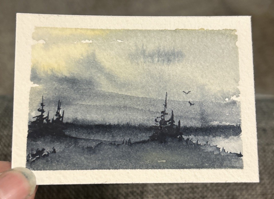 ACEO Watercolor Painting, Lakeside Landscape, Morning Sky, Signed By Sasha Lehto