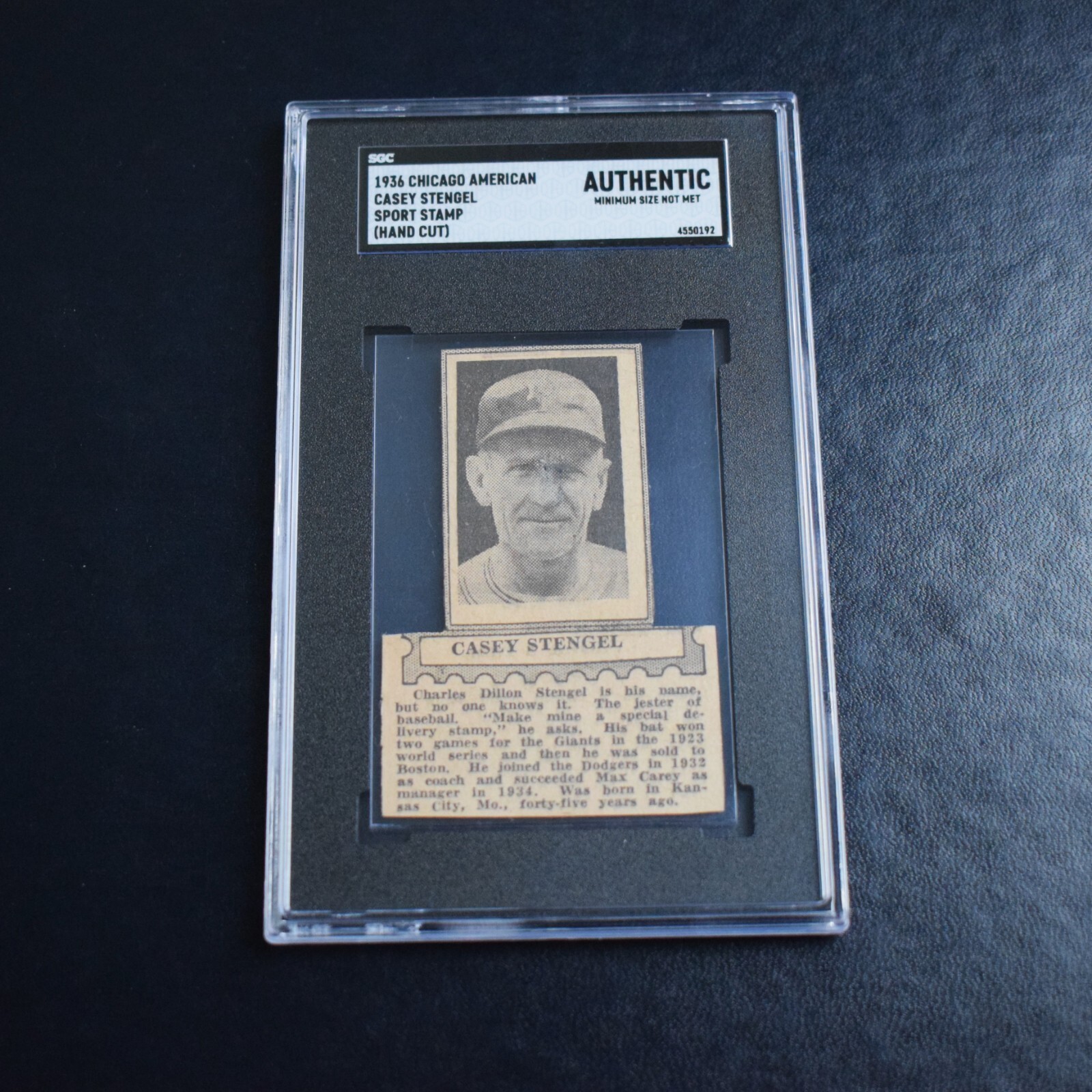 Vintage 1936 Casey Stengel Chicago American Sport Stamp, SGC Authentic, 0 Higher