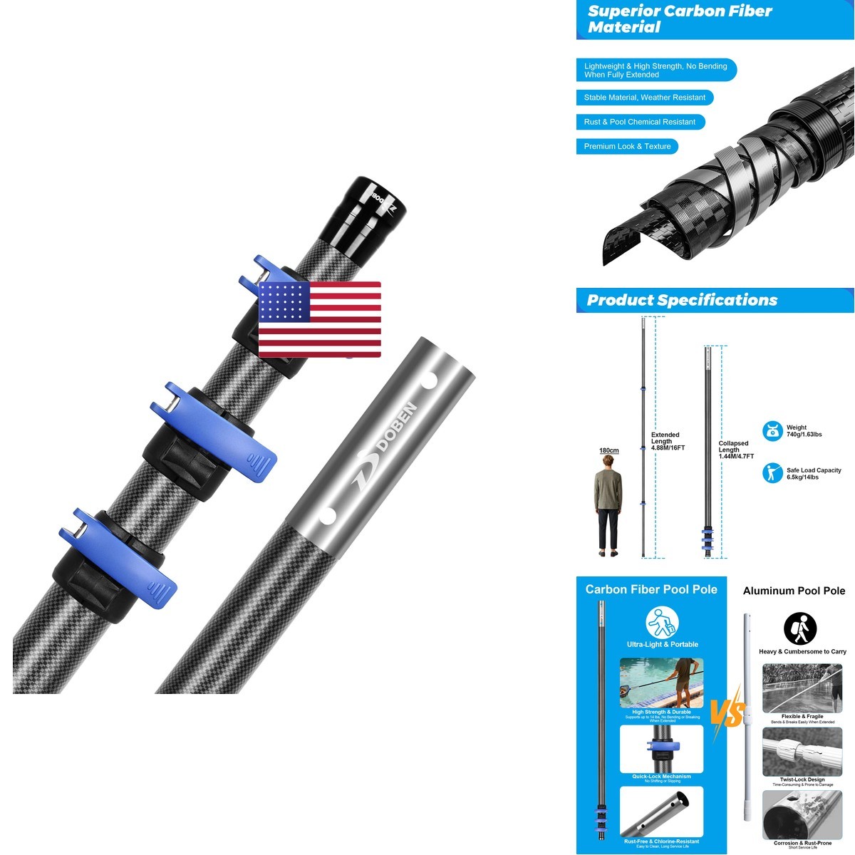 DOBEN 16FT Carbon Fiber Telescopic Pool Pole Quick Lock
