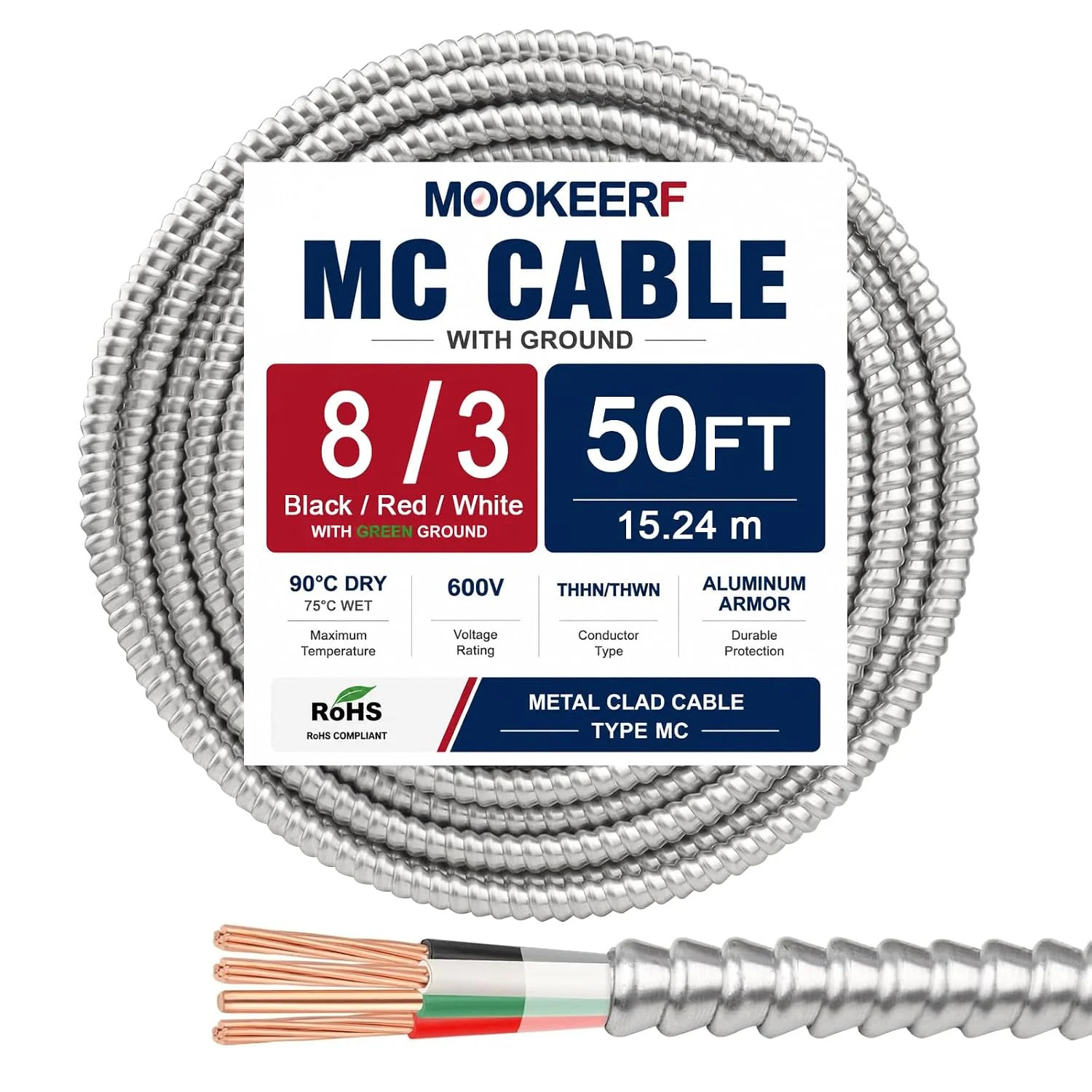 8/3 MC Cable with Ground - 50FT Pure Copper 8AWG/3 Metal Clad Wire with Aluminum