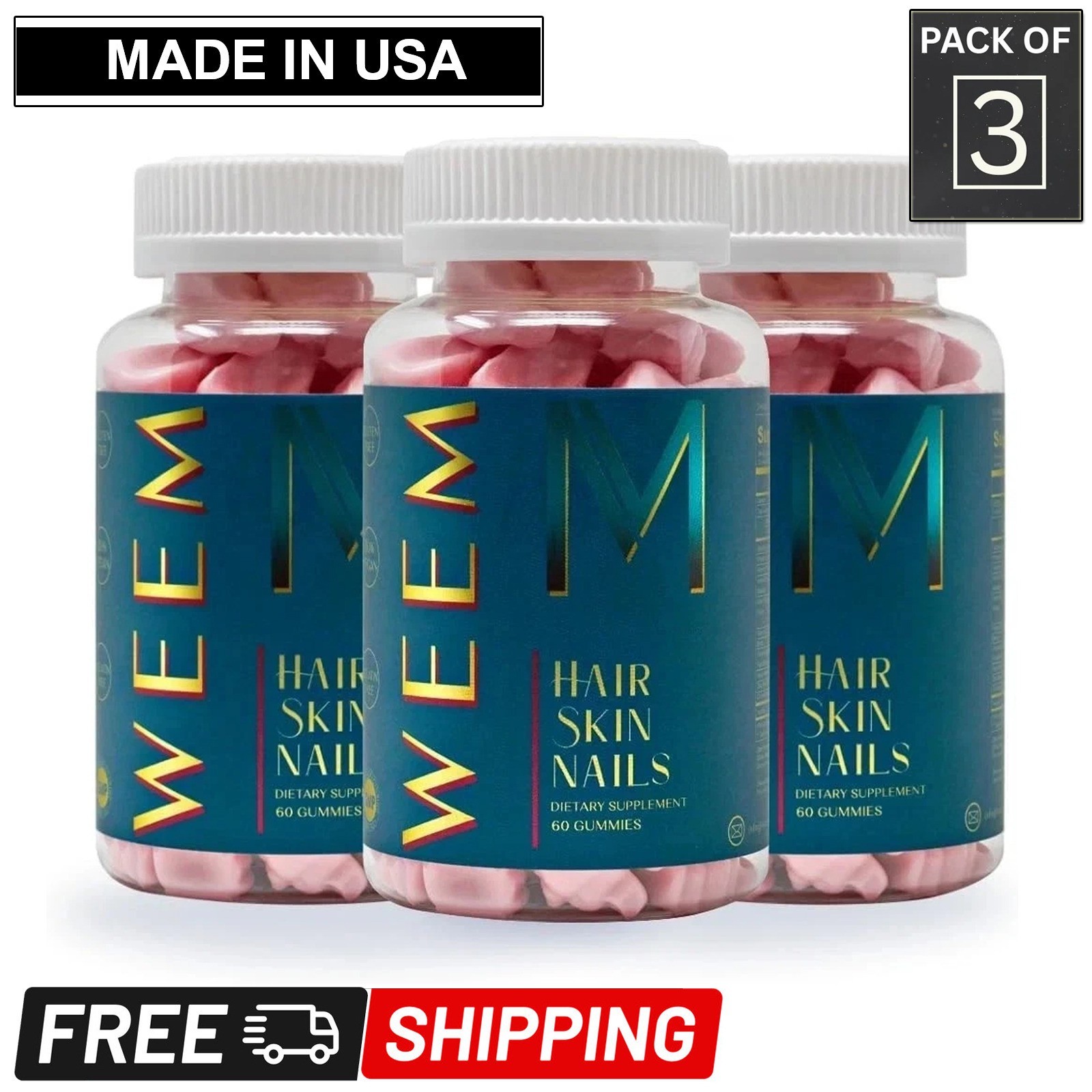 WEEM Hair Skin and Nails Gummies Biotin Vitamins Healthy Hair - Pack of 3