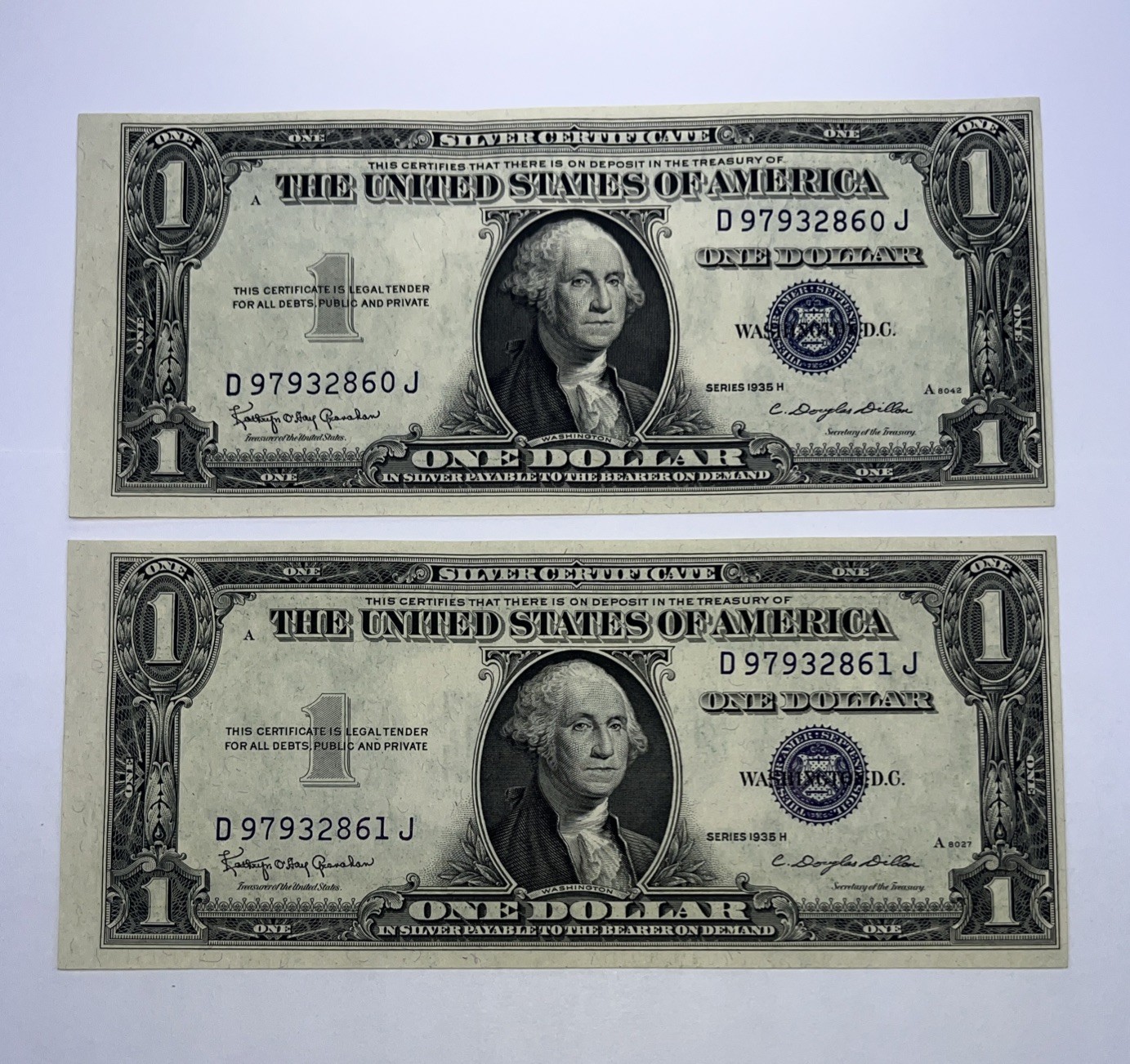 1935H SILVER CERTIFICATES WITH MOTTO OUT OF CENTER ERRORS CONSECUTIVE SET OF TWO