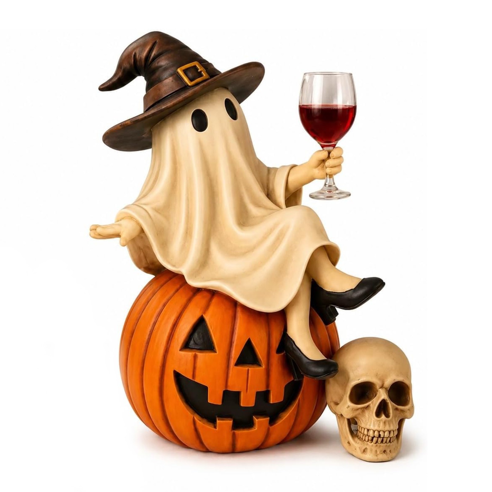 Ghost and Wine Halloween Decoration – Sitting on a Pumpkin – Home Decor
