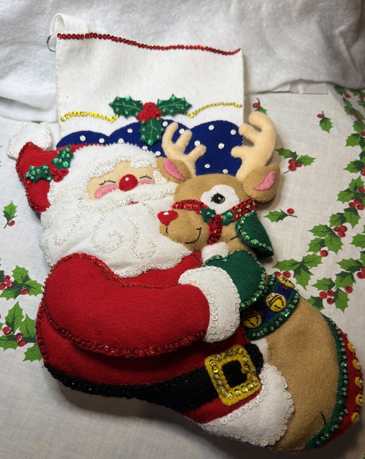 Vintage Bucilla Finished Felt Christmas Stocking - Santa & Rudolph 18 Inch