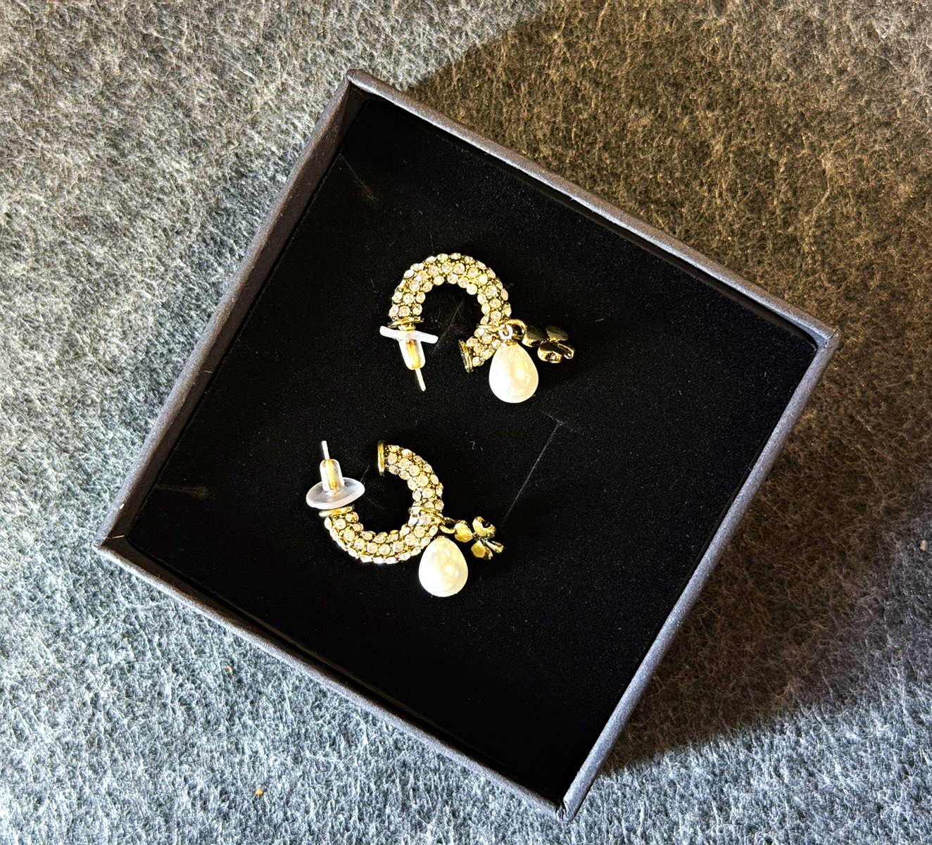 Silver Tone Crescent Stud Earrings Simulated White Pearl Drop & Rhinestone Silver Tone Crescent Stud Earrings Simulated White Pearl Drop & Rhinestone