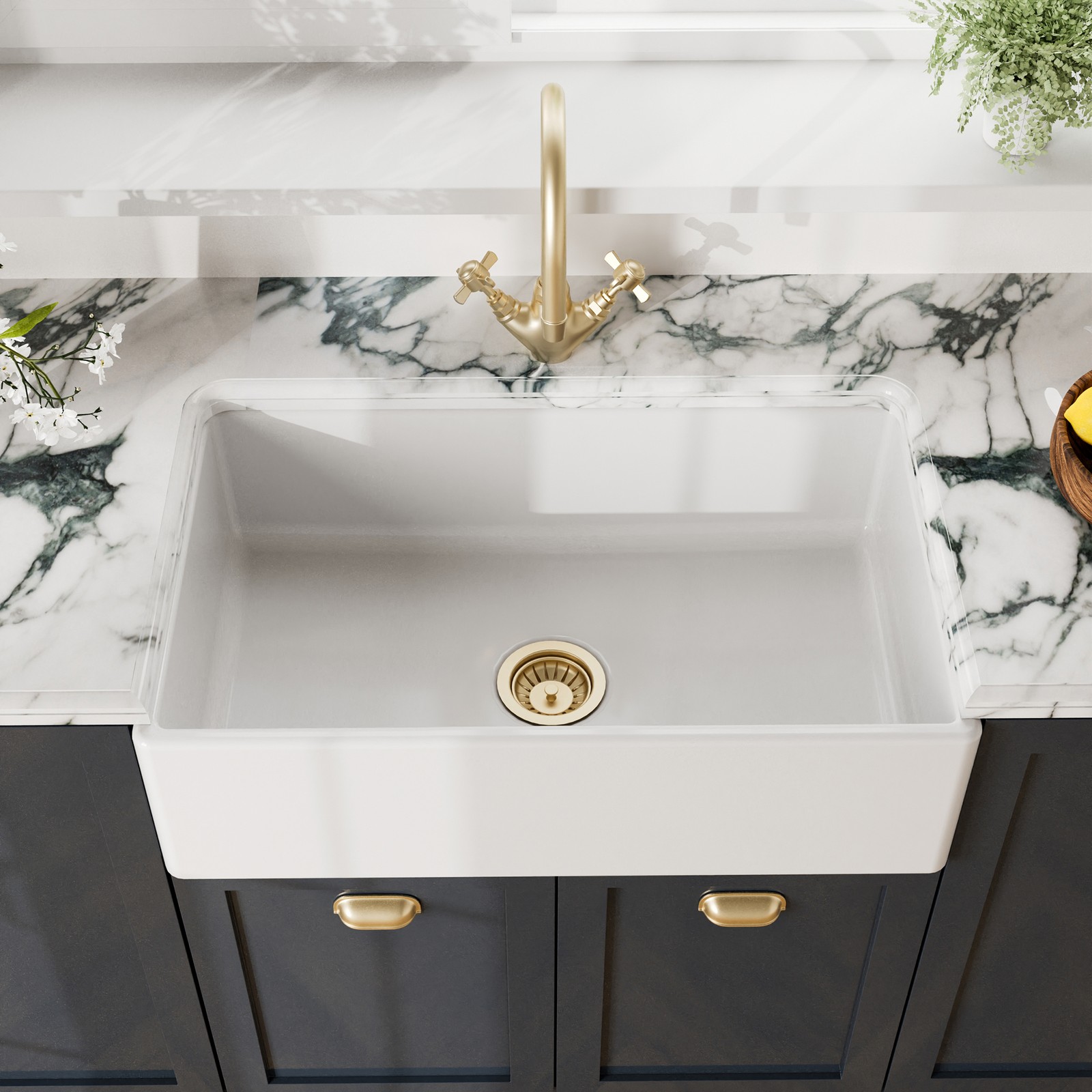 Nuie Farmhouse Kitchen Sink, Single Bowl, Fire Clay Apron Front Sink 30x18x8.5\