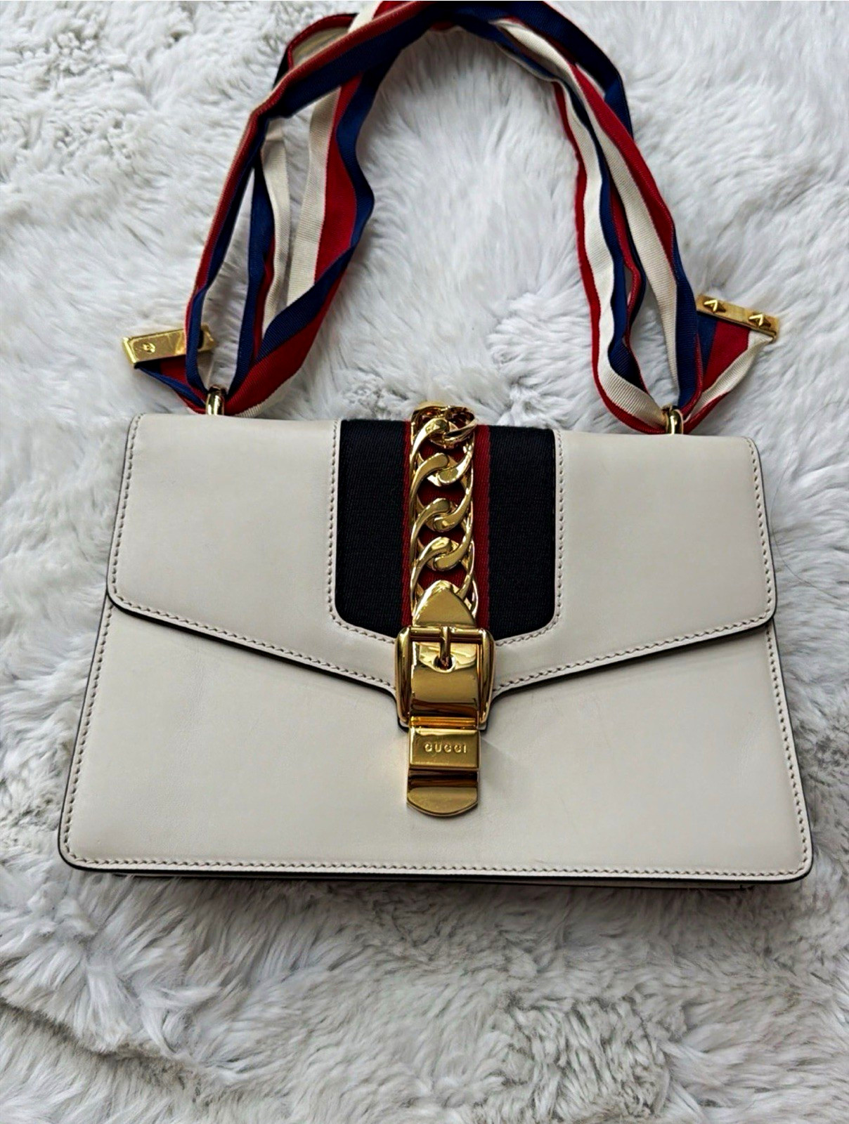 Gucci White Autentic Shoulder Bag Multicolor Web Strap Gold Hardware Push Lock