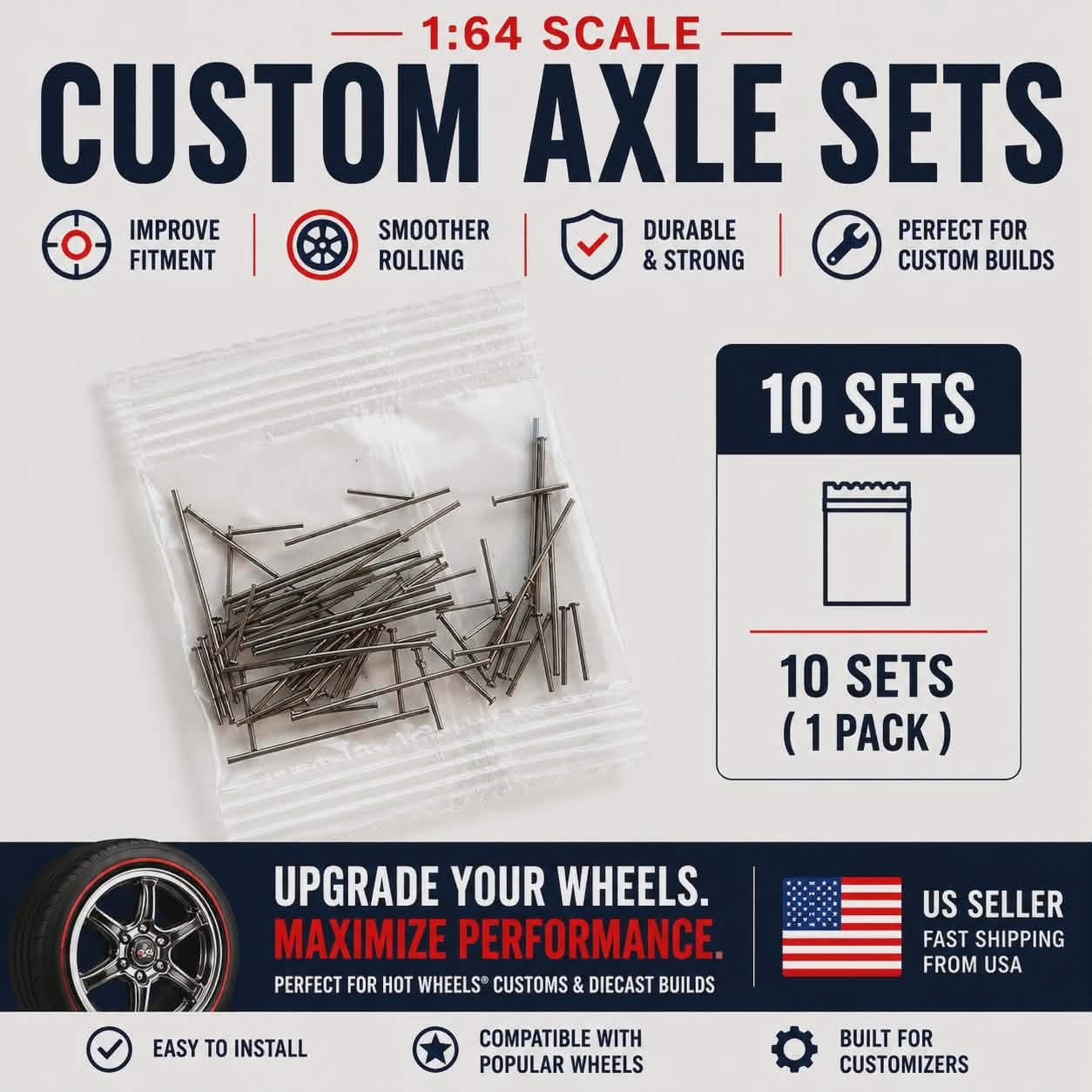 1:64 Scale Custom Axle Sets Wheel Swap Parts Fits Hot Wheels Diecast Cars