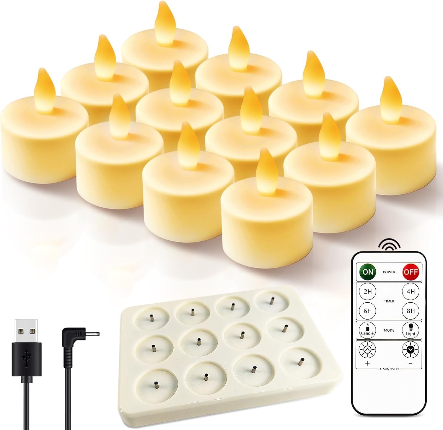 12pcs LED Rechargeable Tea Lights with Remote Timer and USB Charging Base Fla... 12pcs LED Rechargeable Tea Lights with Remote Timer and USB Charging Base Fla...