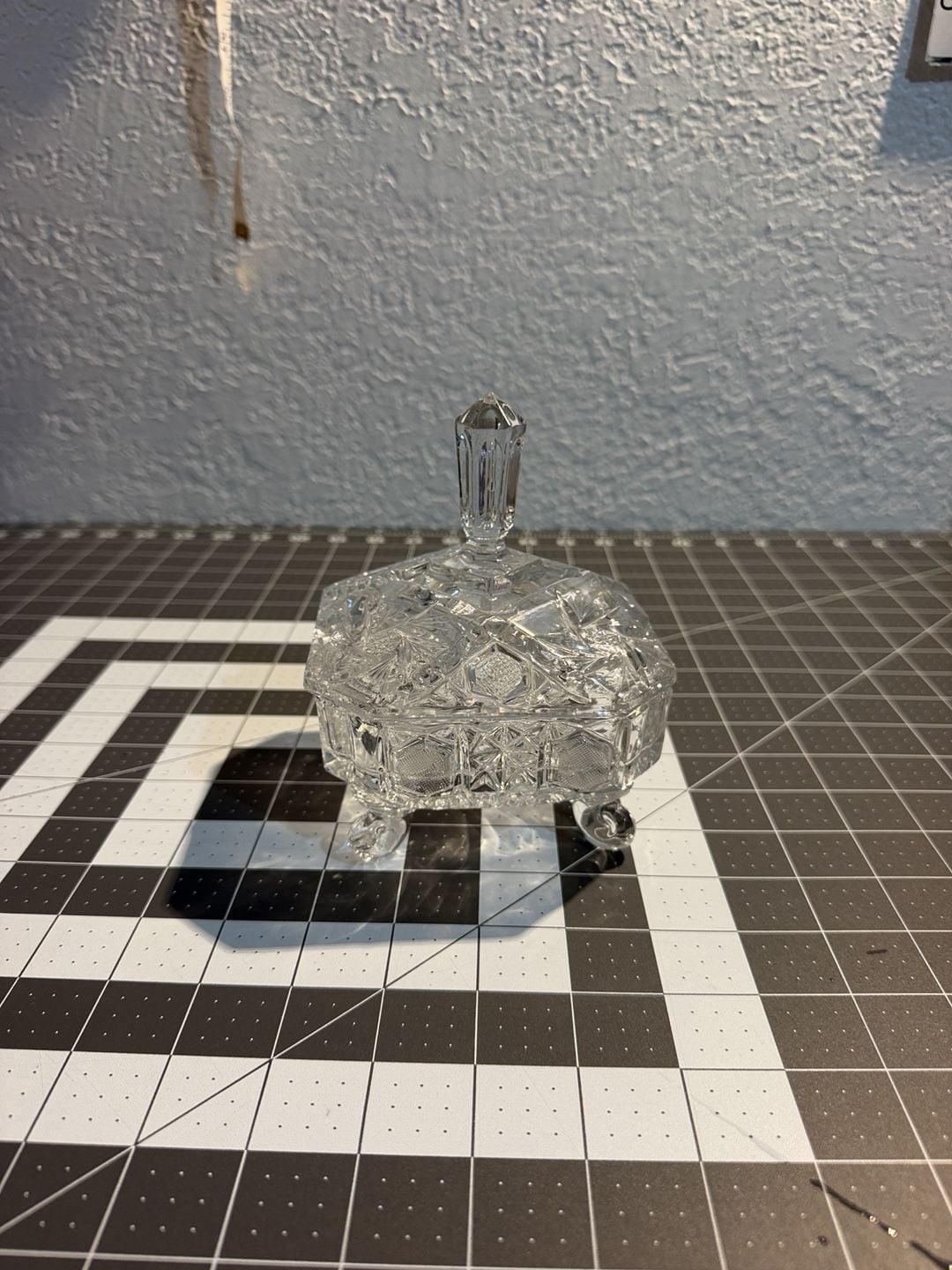 Vintage Clear Cut Crystal Footed Trinket Box with Lid