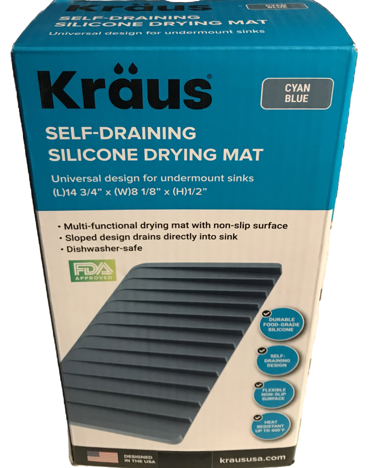 Kraus Self-Draining Silicone Drying Mat Cyan Blue Hot Plate 14 3/4 x 8 x 1/2\