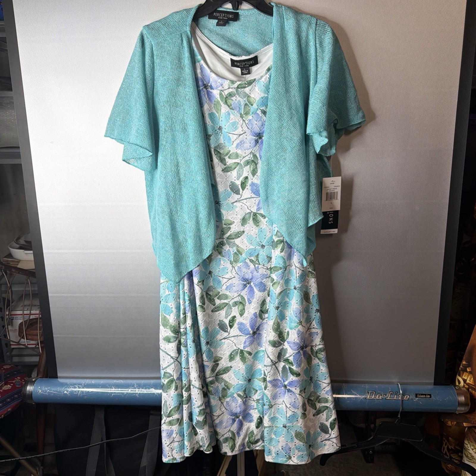 NWT Perceptions New York Women\'s 2-Piece Dress & Jacket Set Size L Aqua Floral NWT Perceptions New York Women\'s 2-Piece Dress & Jacket Set Size L Aqua Floral
