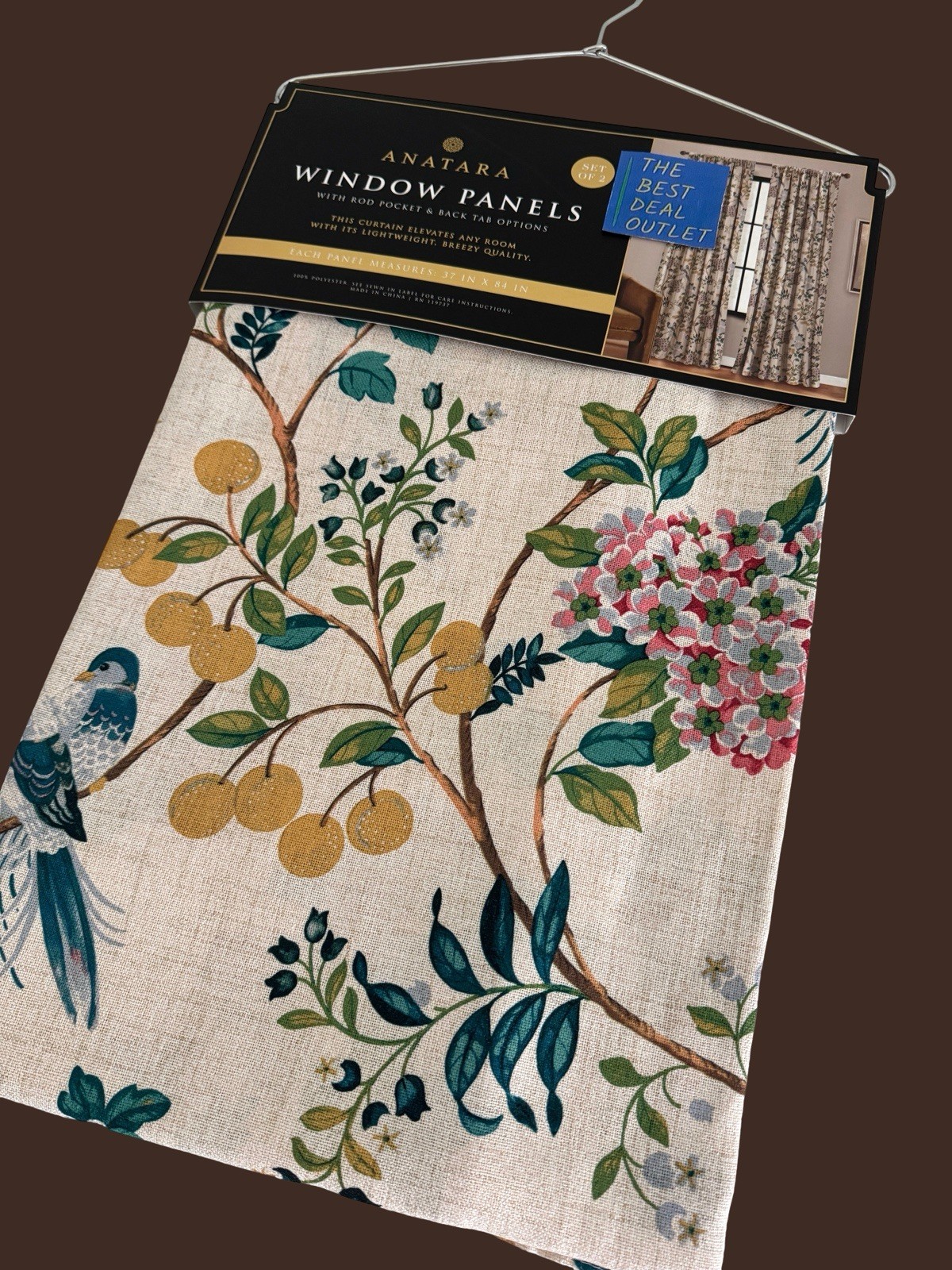 NIP Anatara Window Curtains 2 Panels 37 x 84 Drapes Birds Teal Yellow Back Tab