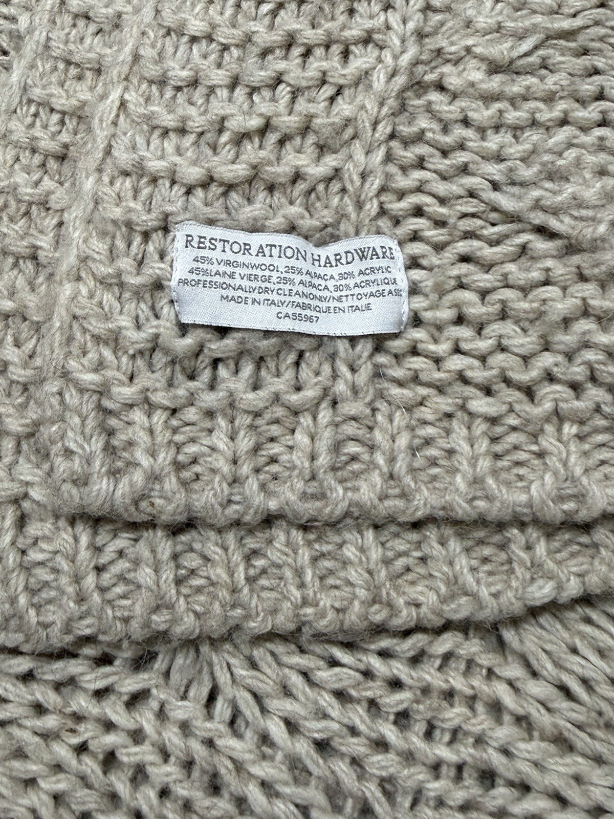 R H Restoration Hardware Throw Blanket 45% Virgin Wool 25% Alpaca Made In Italy