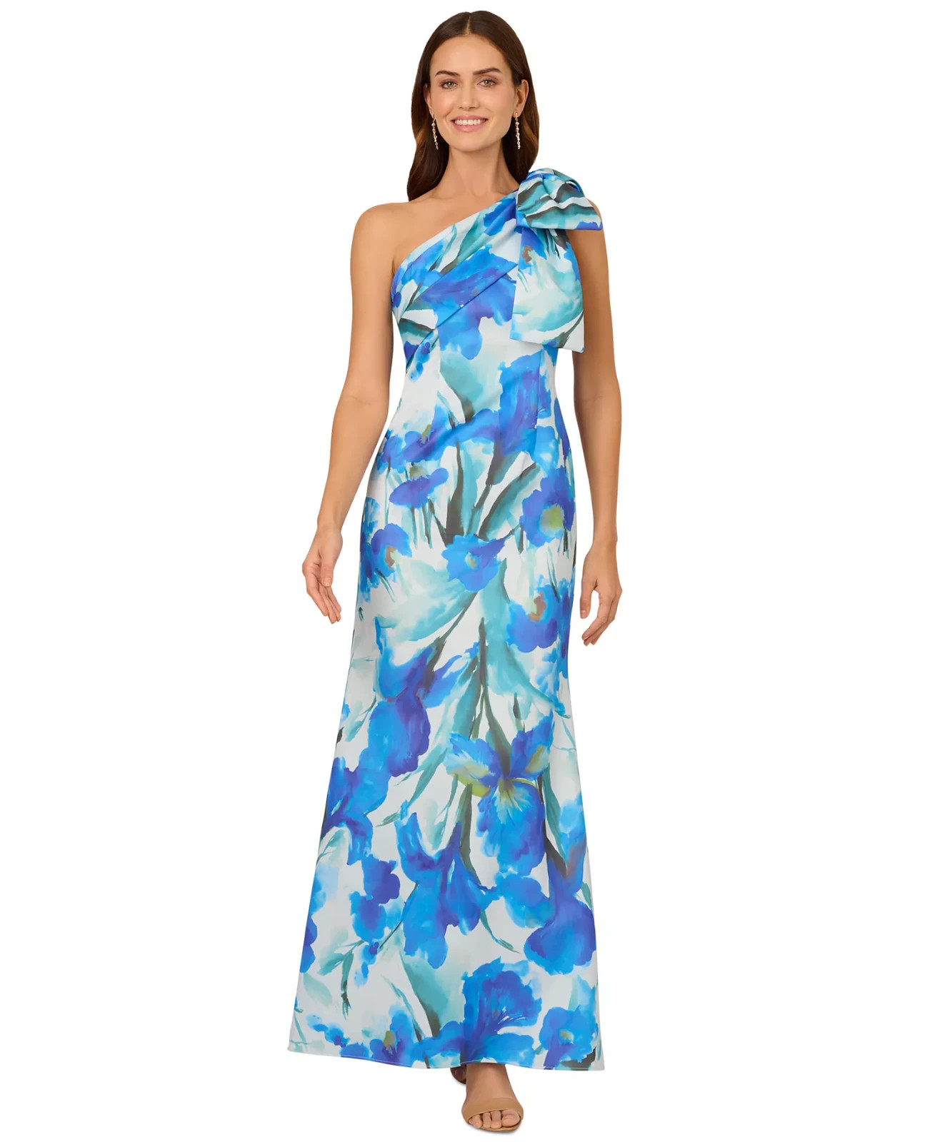 Adrianna Papell Blue Multi Floral One Shoulder Bow Scuba Gown Size 8 $229 Adrianna Papell Blue Multi Floral One Shoulder Bow Scuba Gown Size 8 $229