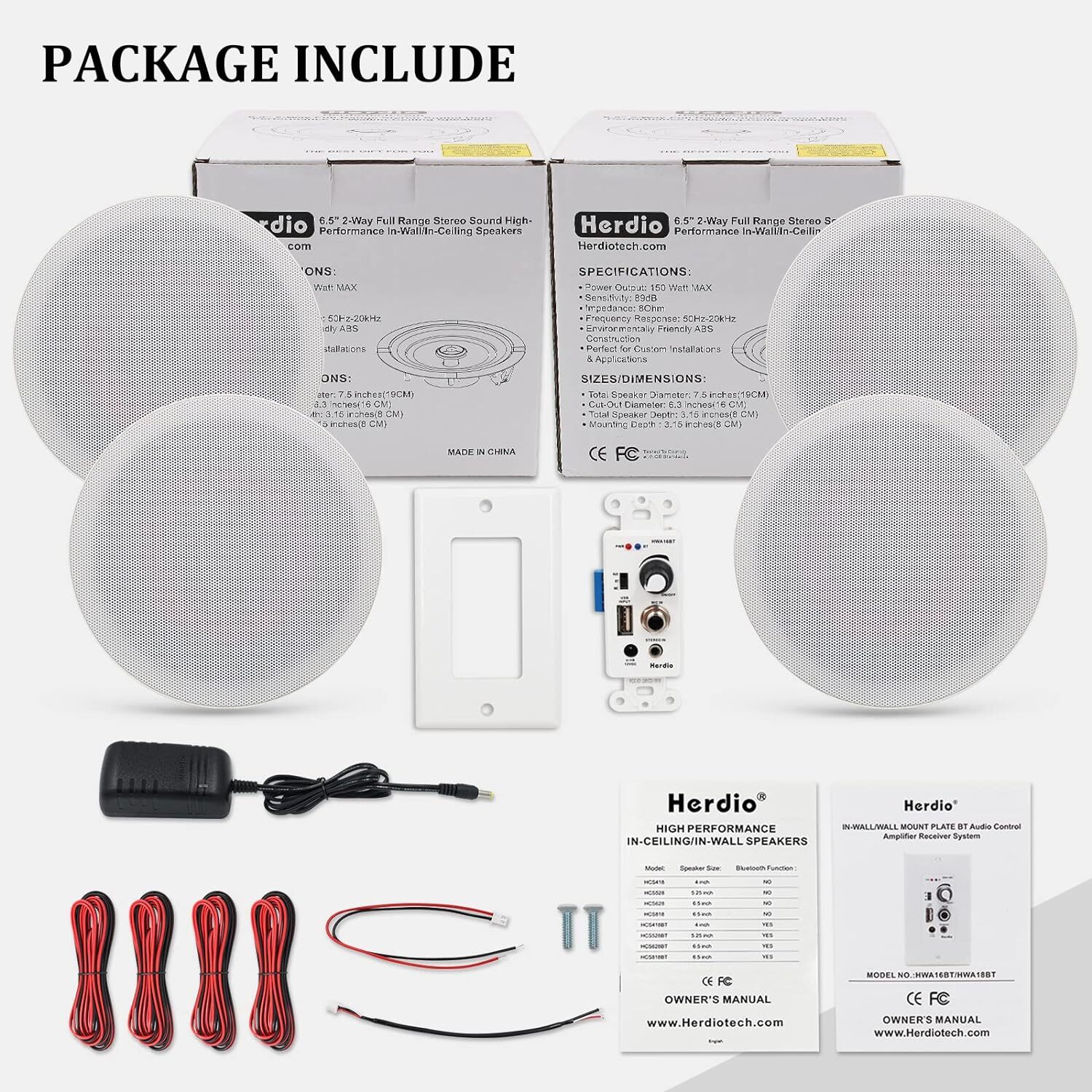 Herdio 4 Pack 6.5\'\' Bluetooth Ceiling Speakers 600W Bass With In Wall Amplifier