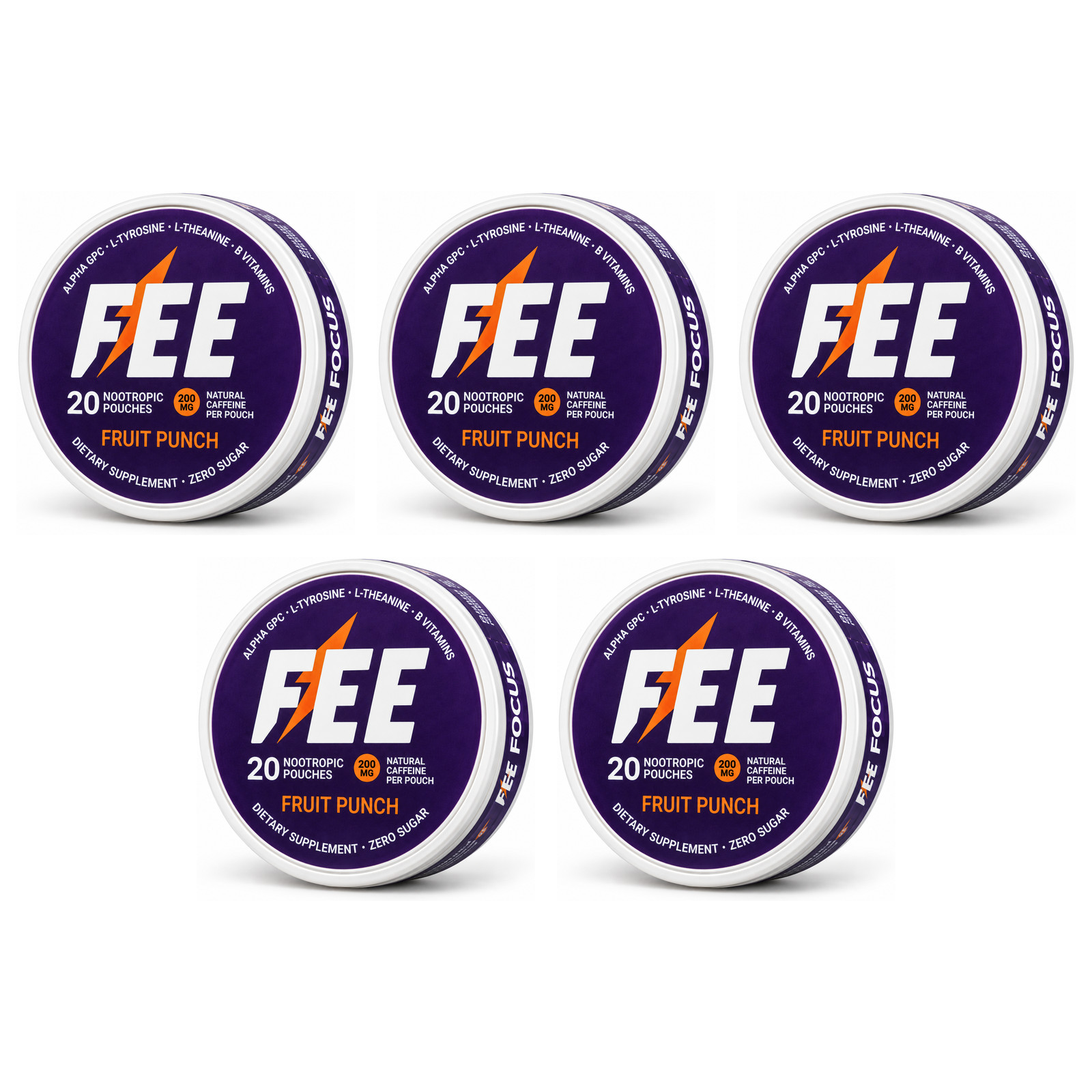 FEE Caffeine Pouches 5 Cans 100 Count 200mg Fruit Punch Nicotine Free Energy