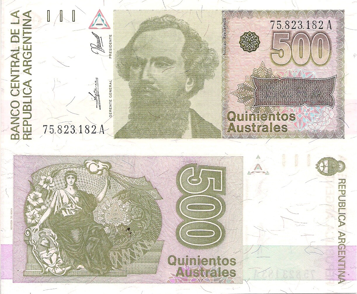 Argentina P328b, 500 Australs, Dr. Nicolás Avellaneda / seated Liberty, UNC 1990 Argentina P328b, 500 Australs, Dr. Nicolás Avellaneda / seated Liberty, UNC 1990