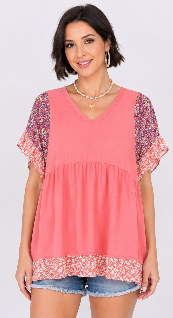 New GIGIO Oversized Small Rose- Peach Floral Mix Ruffle Sleeve Pullover Top