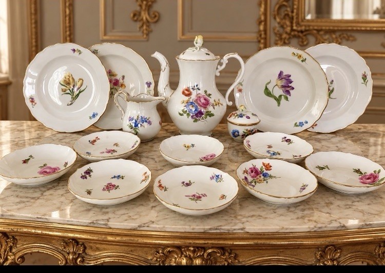 Antique Meissen Porcelain Coffee Service 15 Pc Flowers Insects 1st Quality