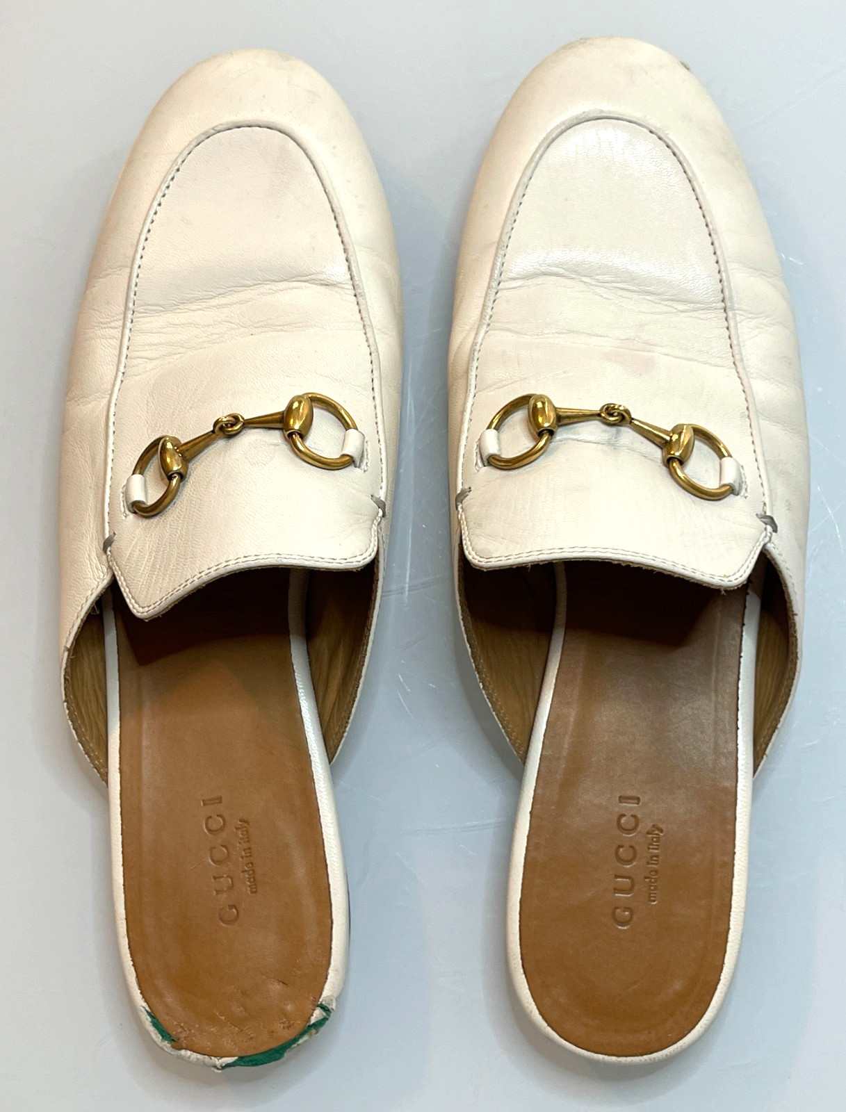 GUCCI Princetown Mules White Leather Horsebit Loafer Slides - 37.5 - NEED REPAIR
