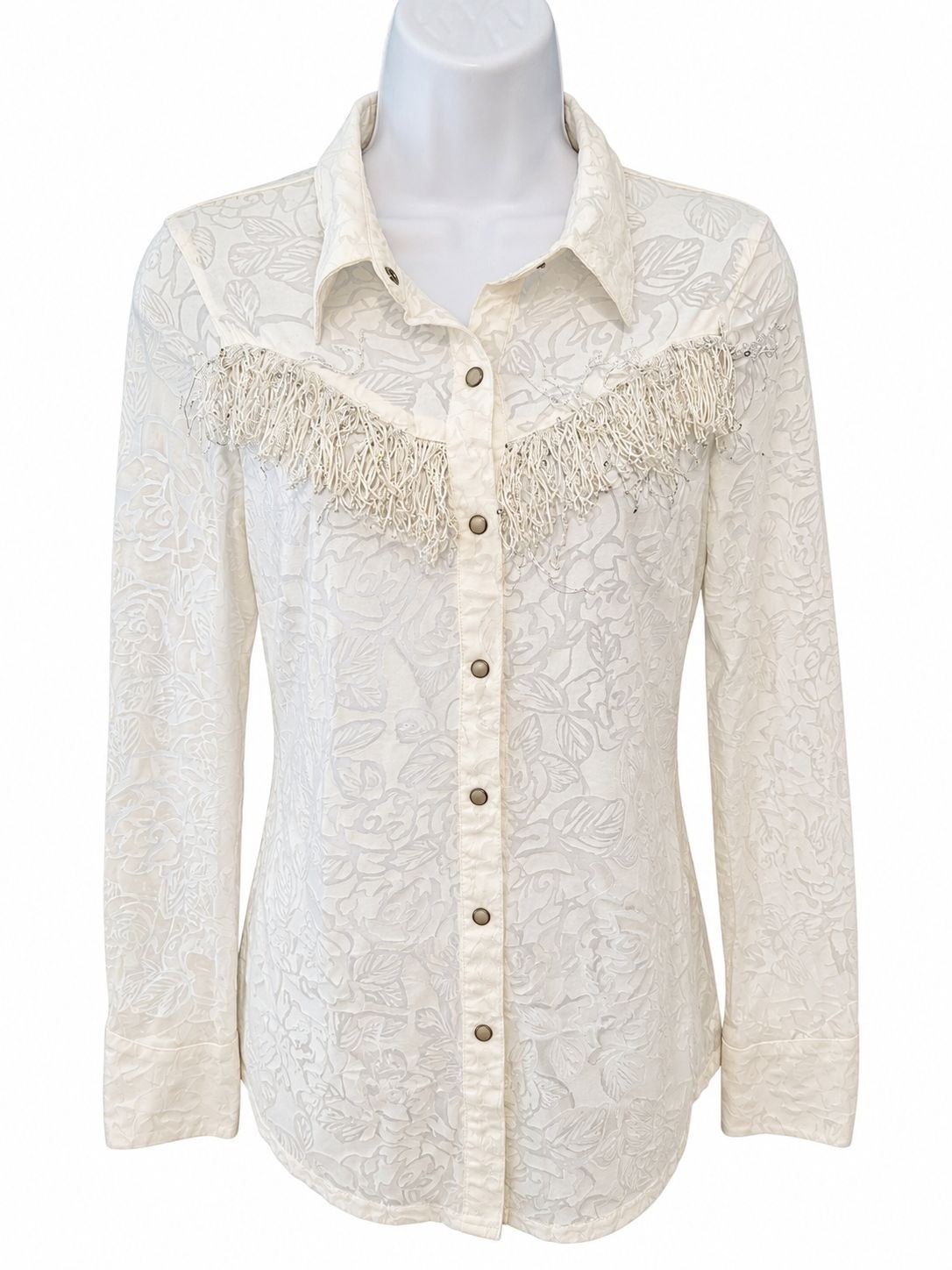 Roper Womens S Ivory Floral Burnout Fringe Pearl Snap Western Cowgirl Shirt