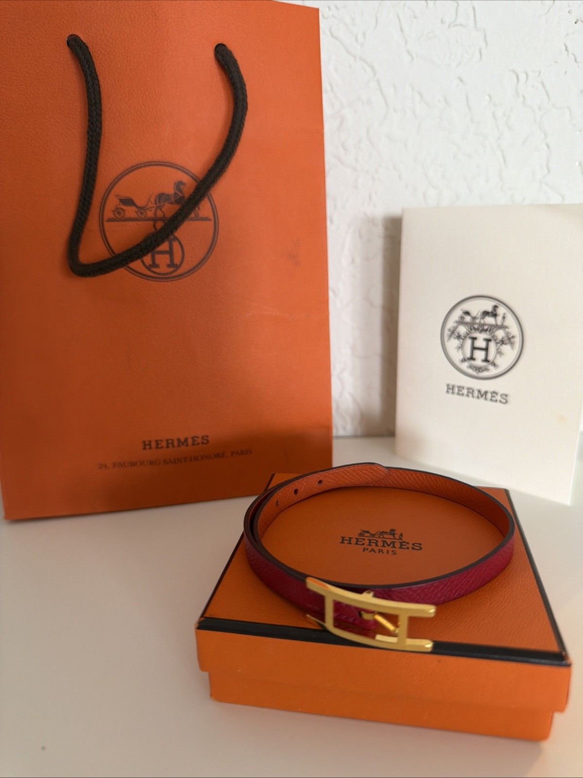 Authentic Hermes Bracelet Behapi Double Tour Reversible Red/Orange XS