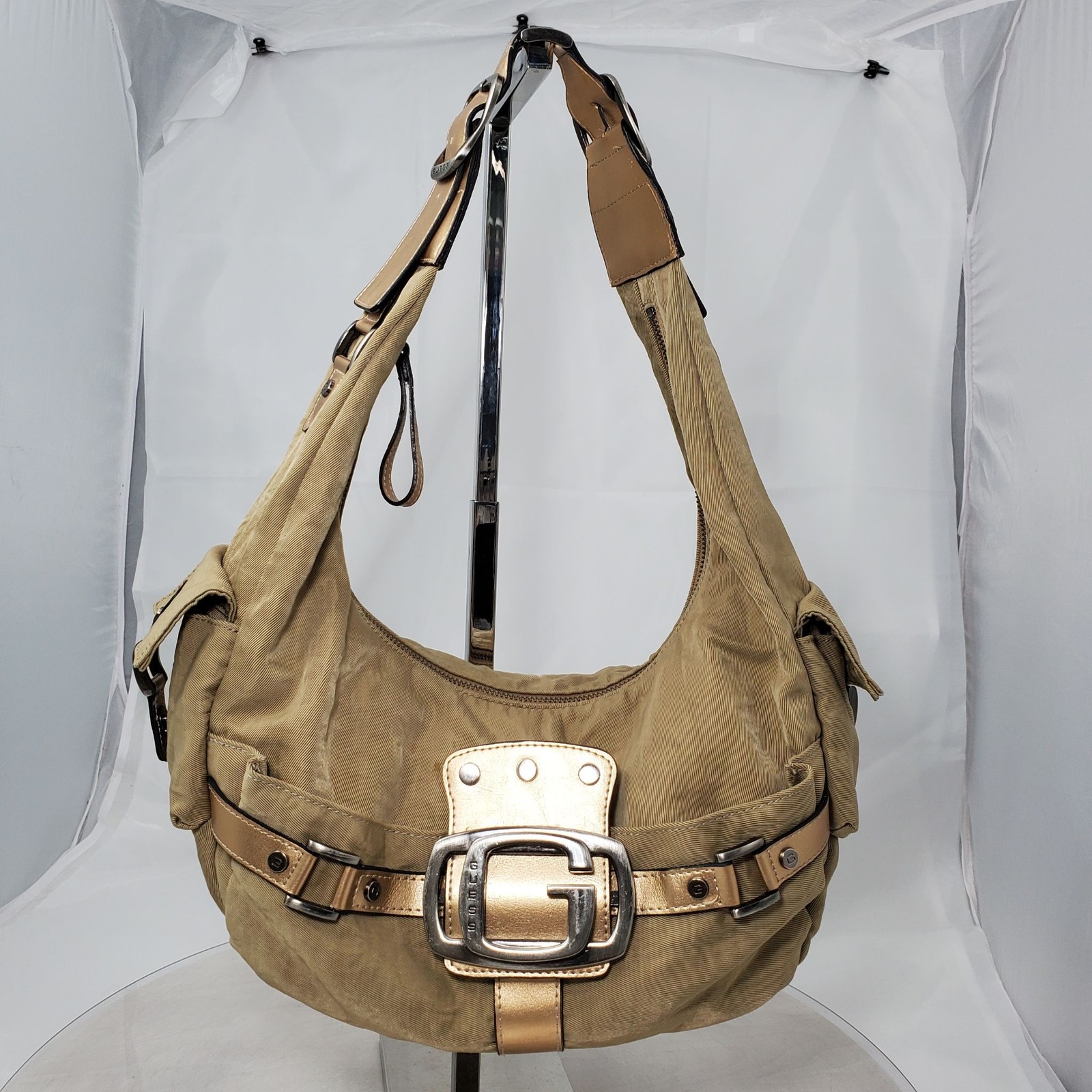 Vintage Y2K Guess Atomic Beige Nylon Hobo Bag Gold Belt G Logo Buckle Shoulder