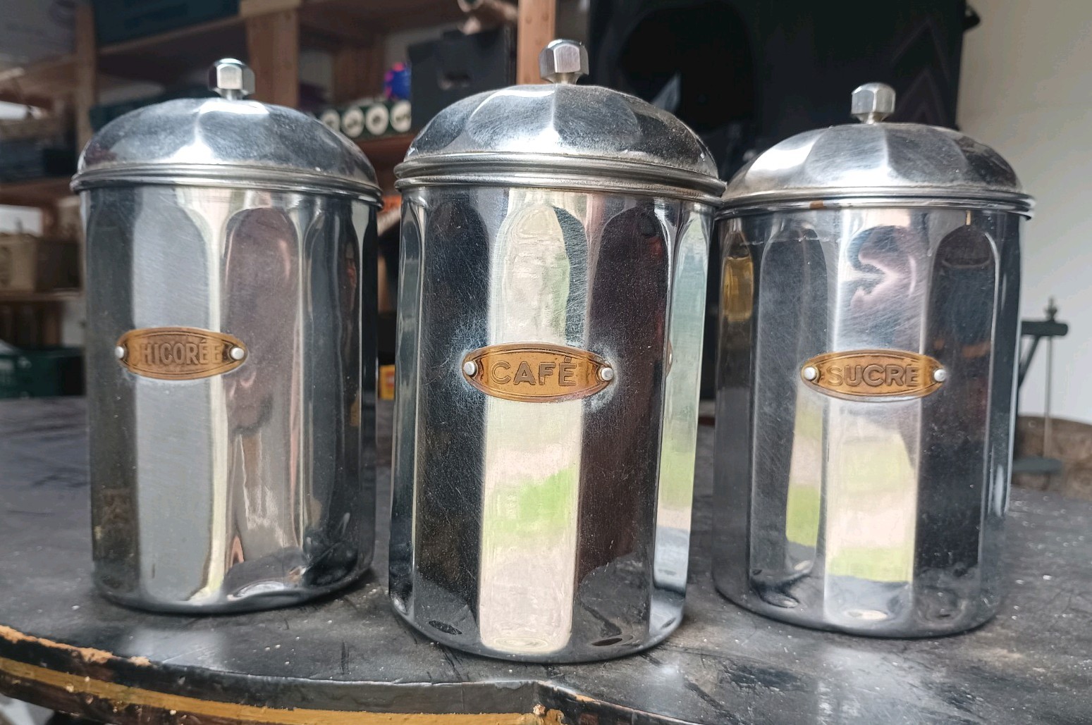 Antique Vintage French Chrome Art Deco kitchen storage tins. 