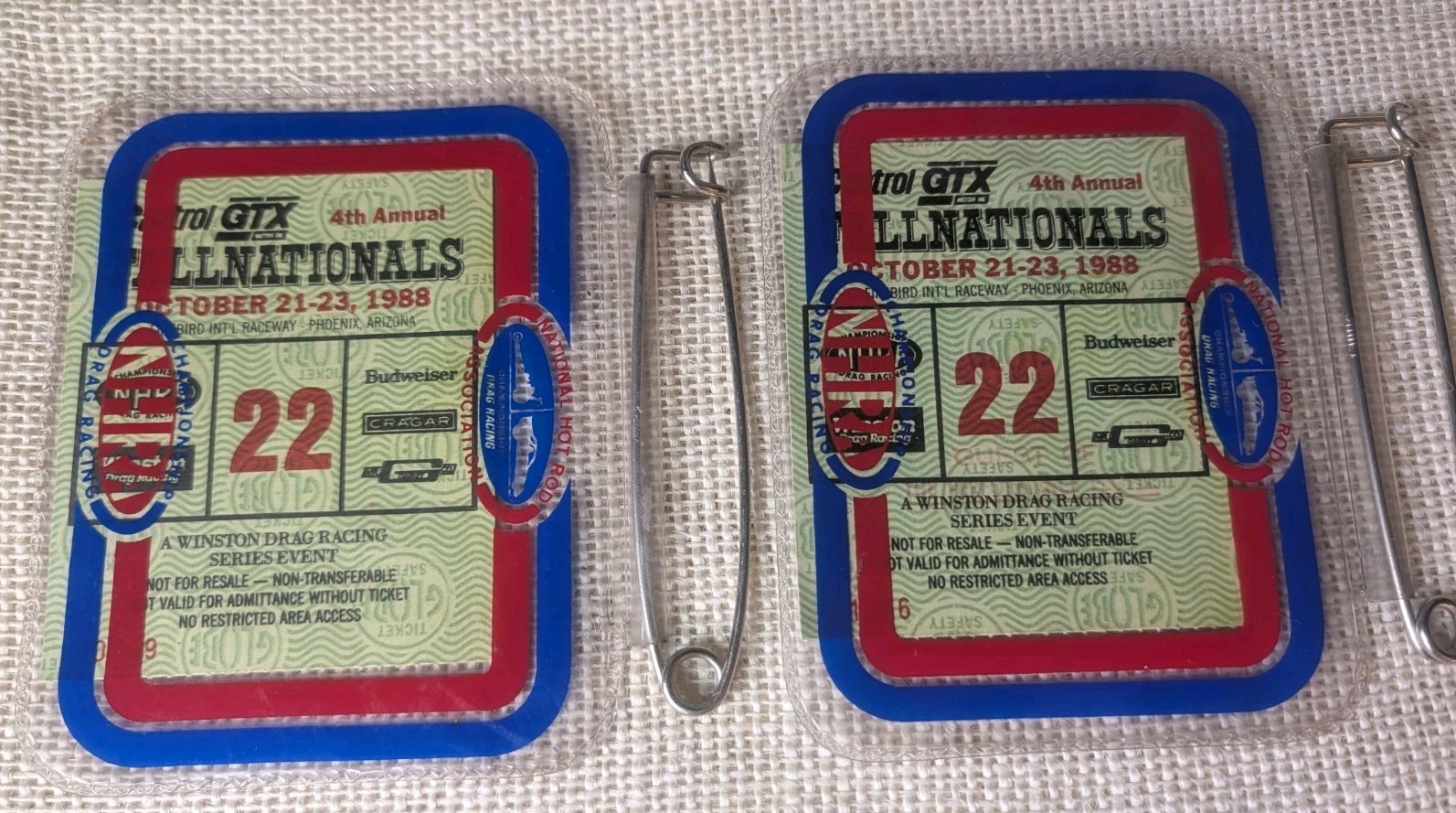 2 Vtg 88\' NHRA FALLNATIONALS Winston Drag Racing Ticket Stub w/Holder 4th Annual