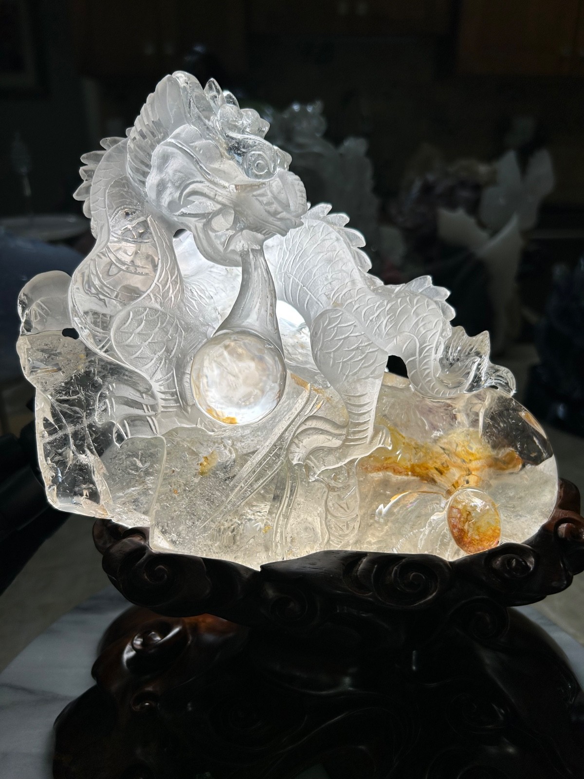 Dragon Golden healer Quartz carving with custom sandalwood stand Dragon Golden healer Quartz carving with custom sandalwood stand