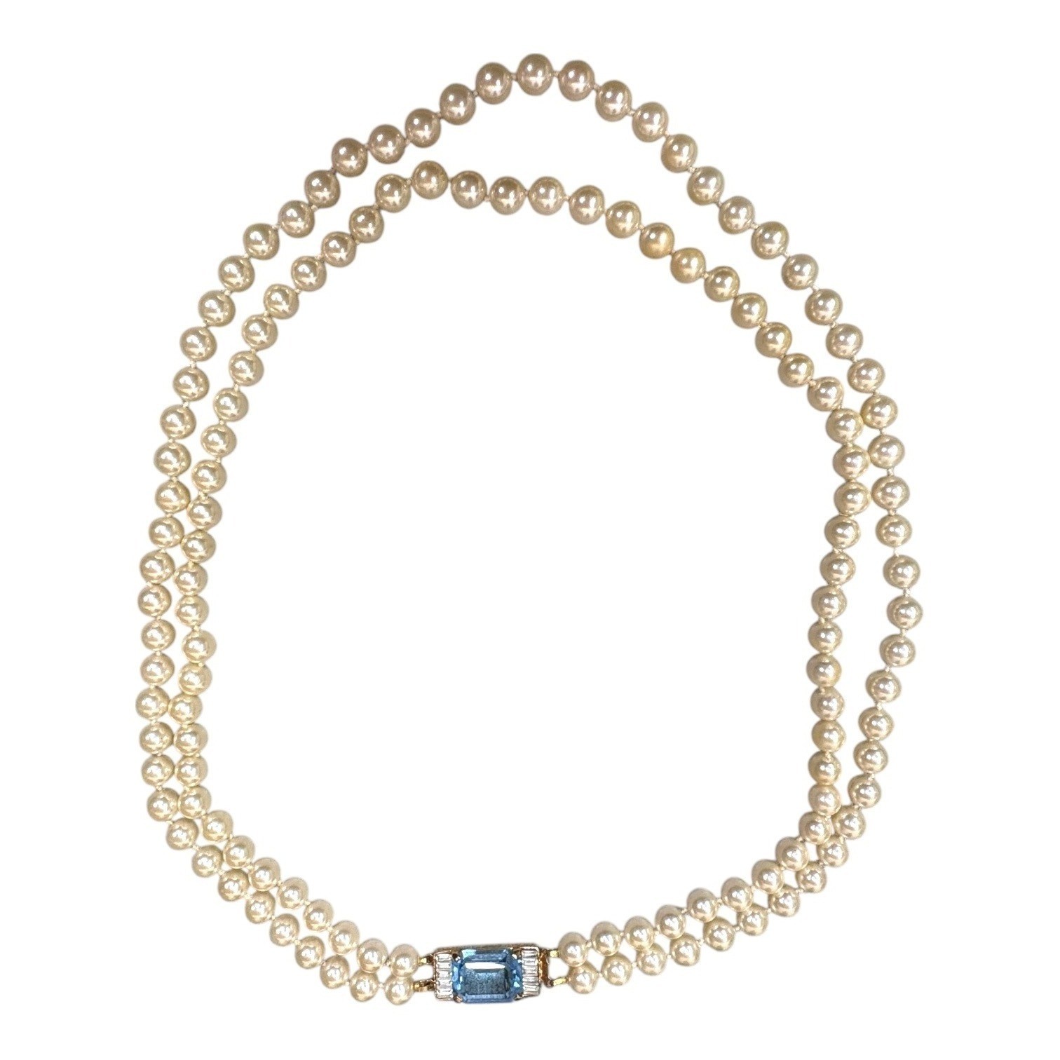 Vintage SAL Swarovski Double Strand Pearl Necklace Blue Topaz Baguette Clasp 23\