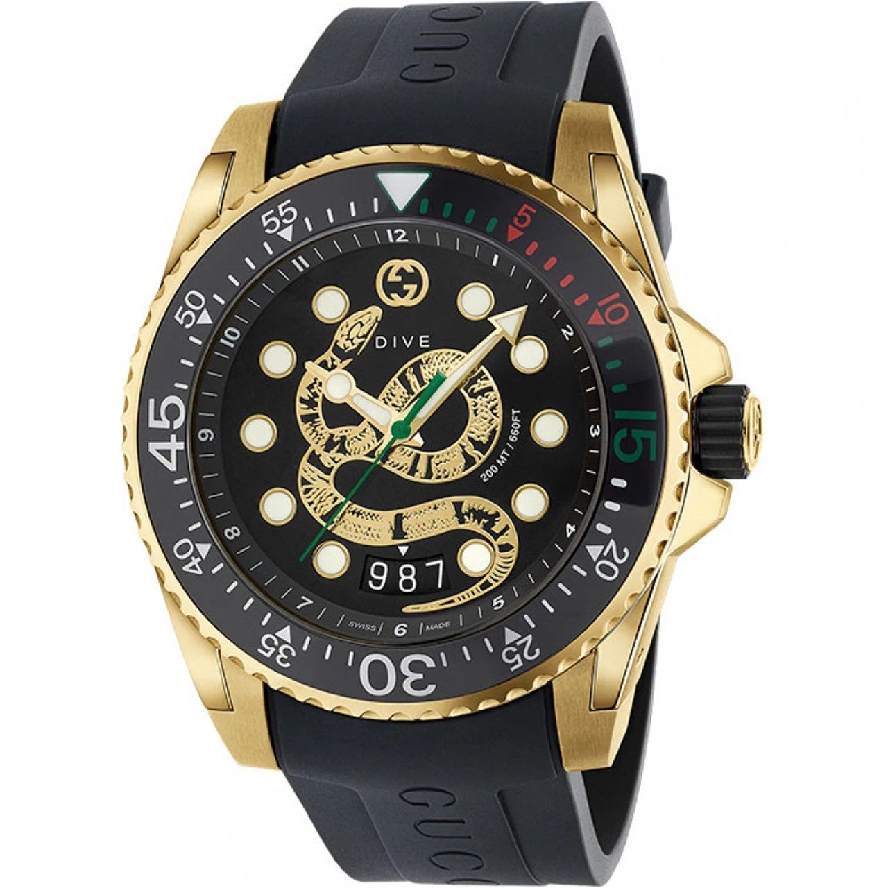 Gucci Dive Gold Snake Black Dial Rubber Strap Men\'s Watch YA136219 Gucci Dive Gold Snake Black Dial Rubber Strap Men\'s Watch YA136219