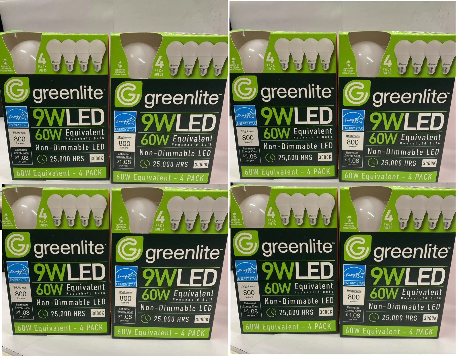 8 X 4Pack Greenlite 9W LED 60W non-Dimmable 25,000 Hours Energy Star Light Bulbs