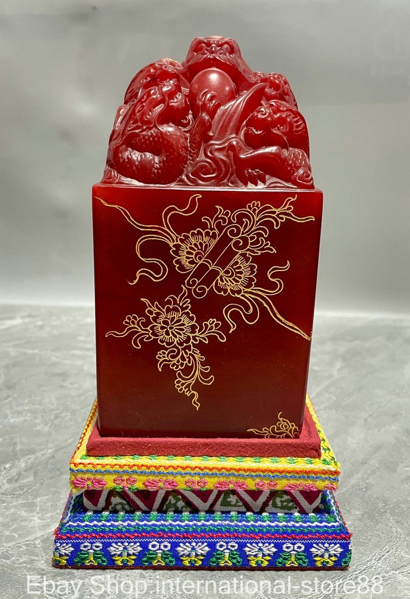 6.4\'\' Chinese Red Shoushan stone Carving Dragon Beast Seal Signet Statue
