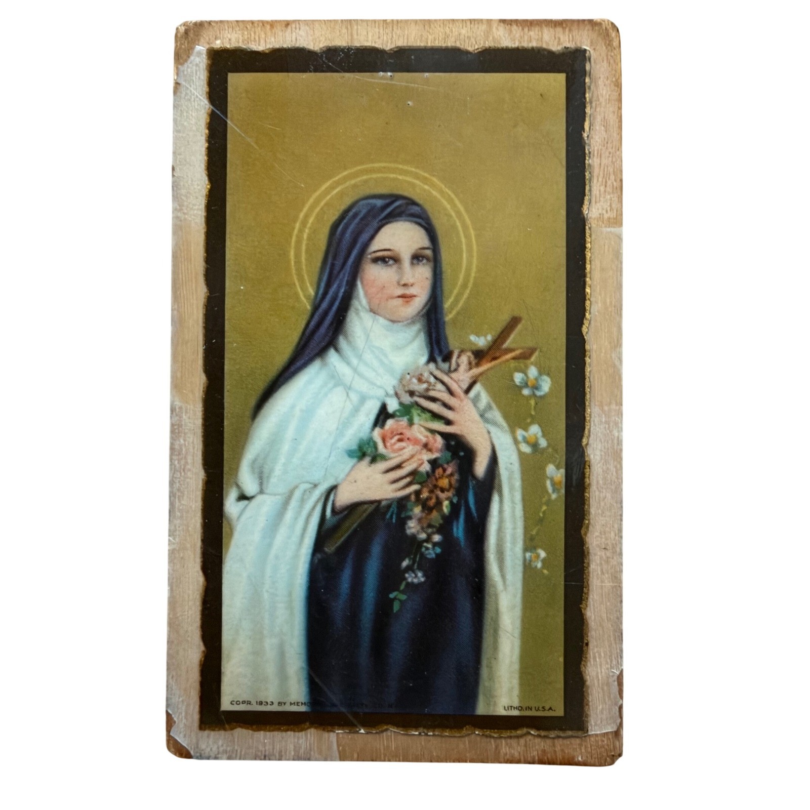 Vintage 1933 Saint Therese of Lisieux Wood Plaque Lithograph Religious Icon 4in Vintage 1933 Saint Therese of Lisieux Wood Plaque Lithograph Religious Icon 4in