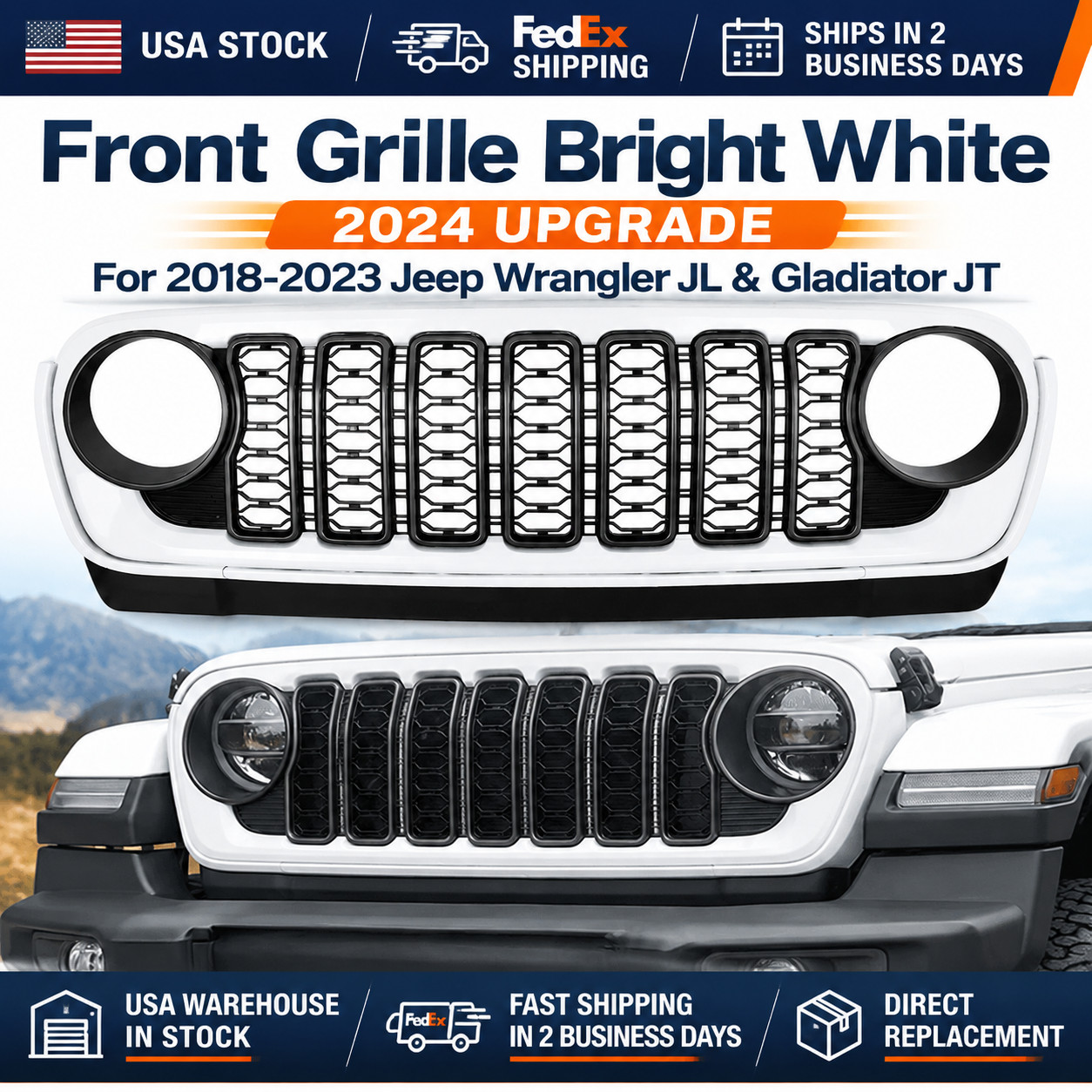 Front Grille Bright White 2024 Upgrade For 18-23 Jeep Wrangler JL Gladiator JT