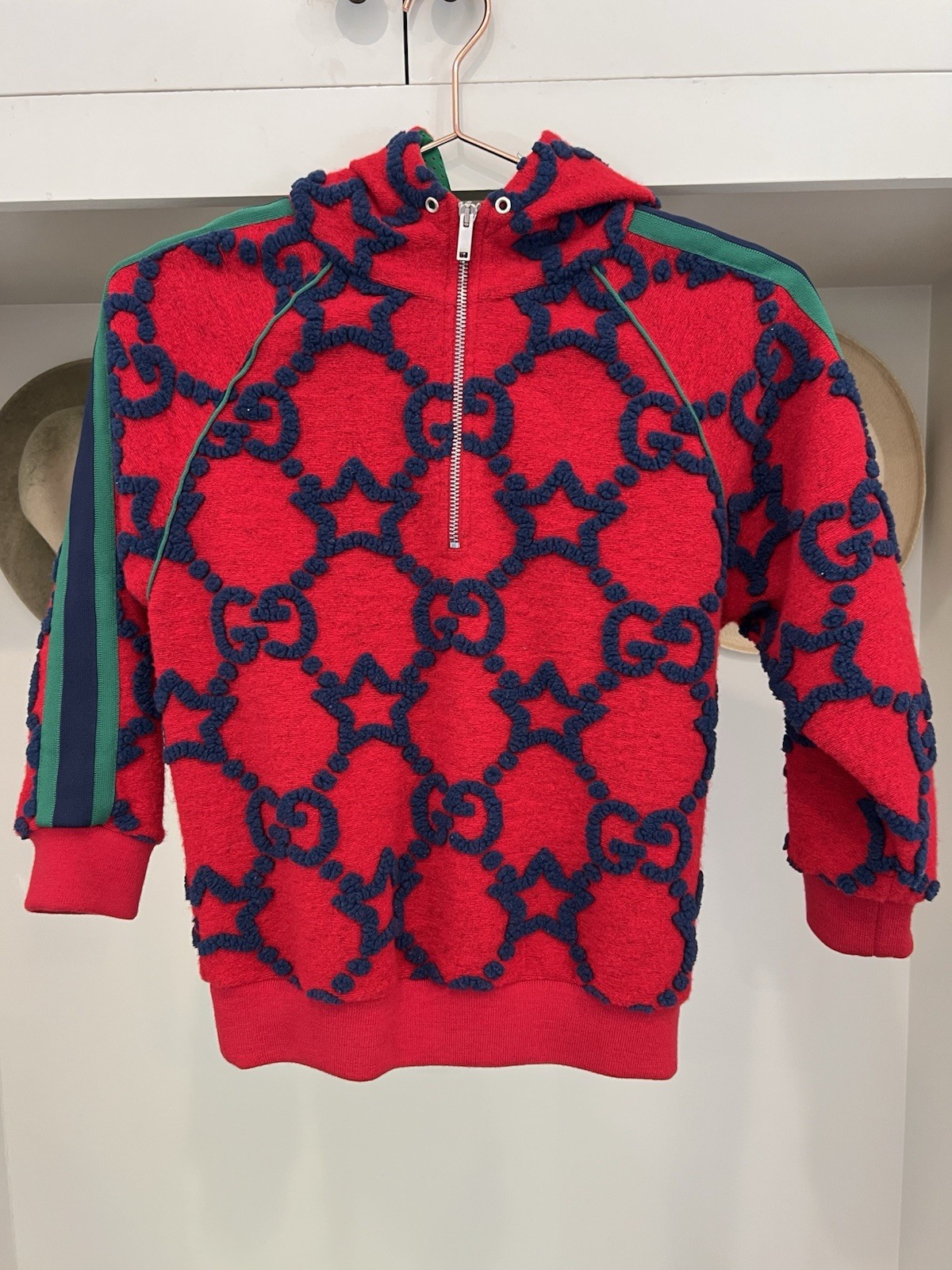Kids Gucci knit 1/4 Zip Hoodie Red/Navy/Green. Unisex Size 8 Kids Gucci knit 1/4 Zip Hoodie Red/Navy/Green. Unisex Size 8