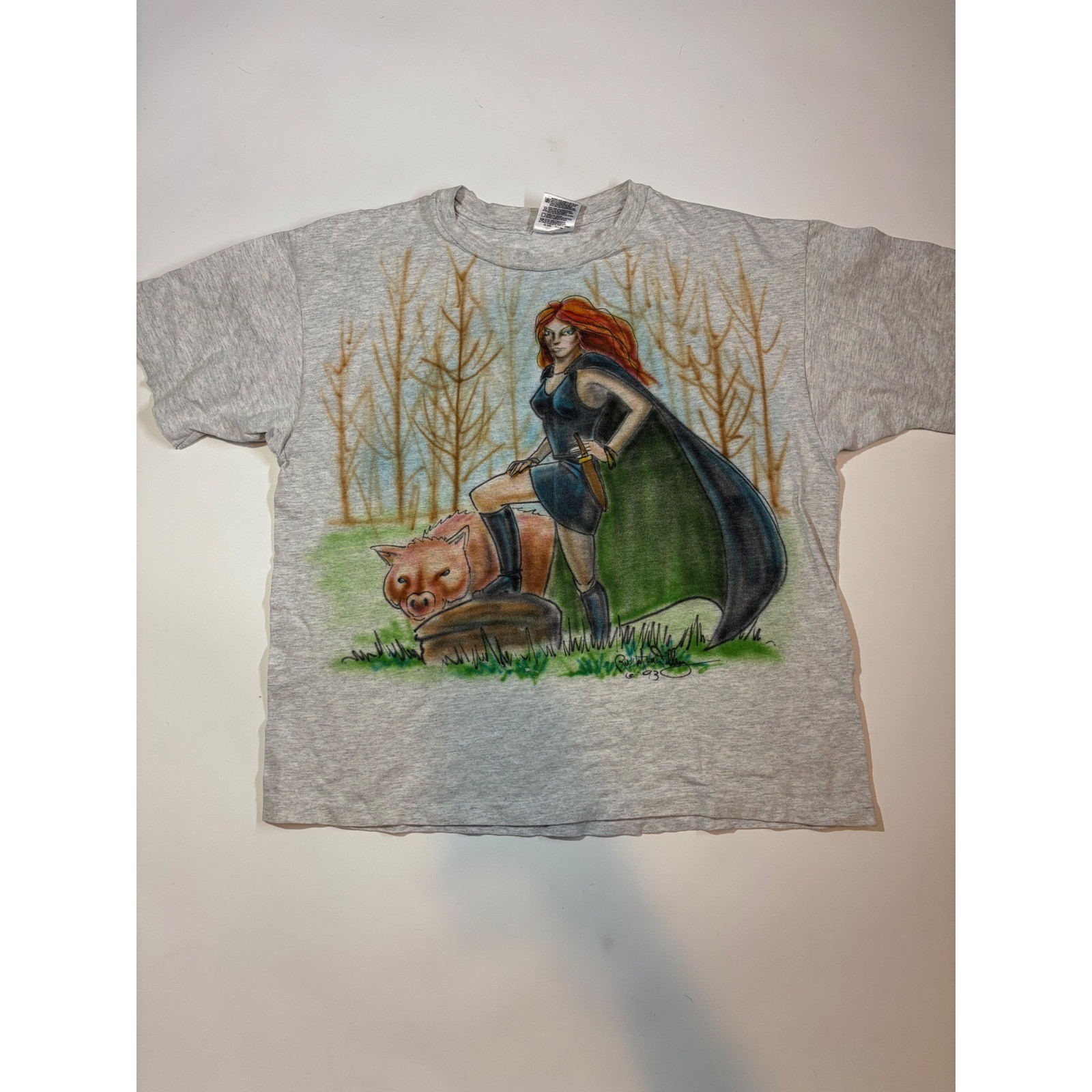 Hanes Her Way T-Shirt Women\'s Large Gray 1993 Fantasy Warrior Art Hanes Her Way T-Shirt Women\'s Large Gray 1993 Fantasy Warrior Art