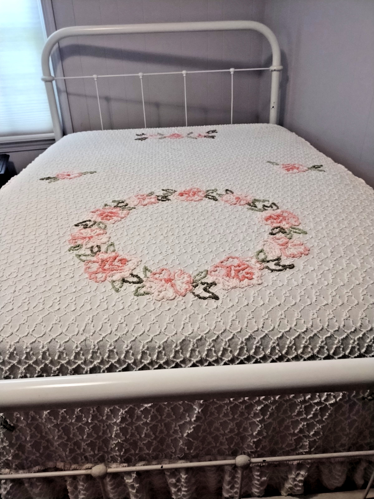 Vintage White Pink and Green Chenille Bedspread