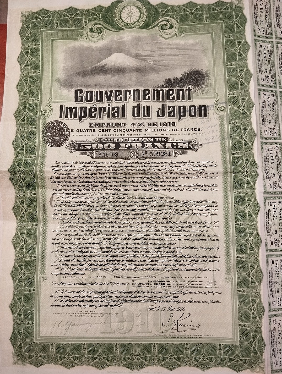Japan 1910 Imperial Japanese 500 Francs Coupons Bond Loan Emprunt Waterlow