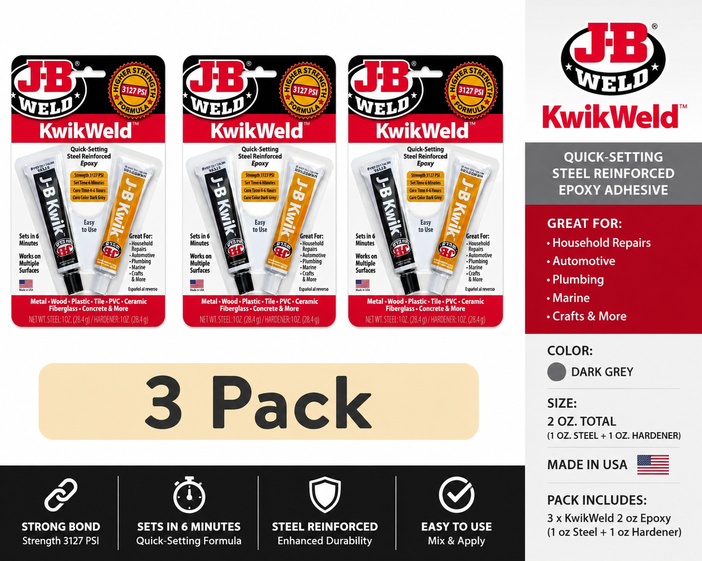 3 Pack J-B Weld KwikWeld 2 oz Quick Setting Steel Reinforced Epoxy Adhesive Gray