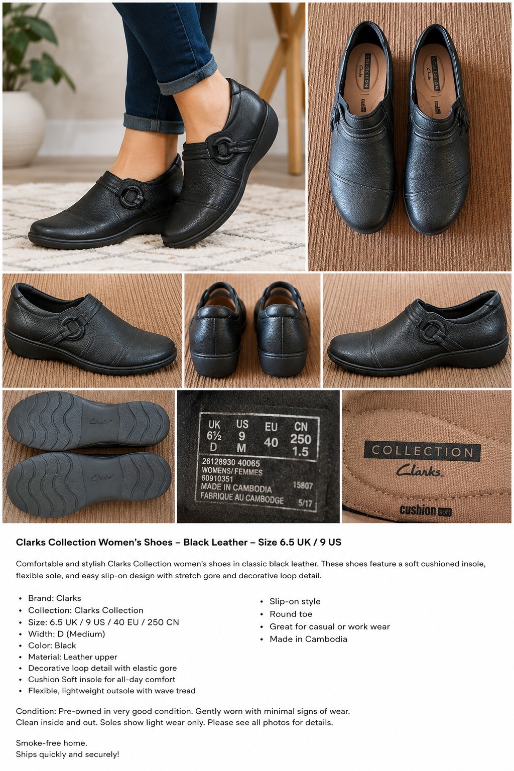 Clarks Collection Cushioned Black Women\'s Black Leather Flat Shoes Size 9M