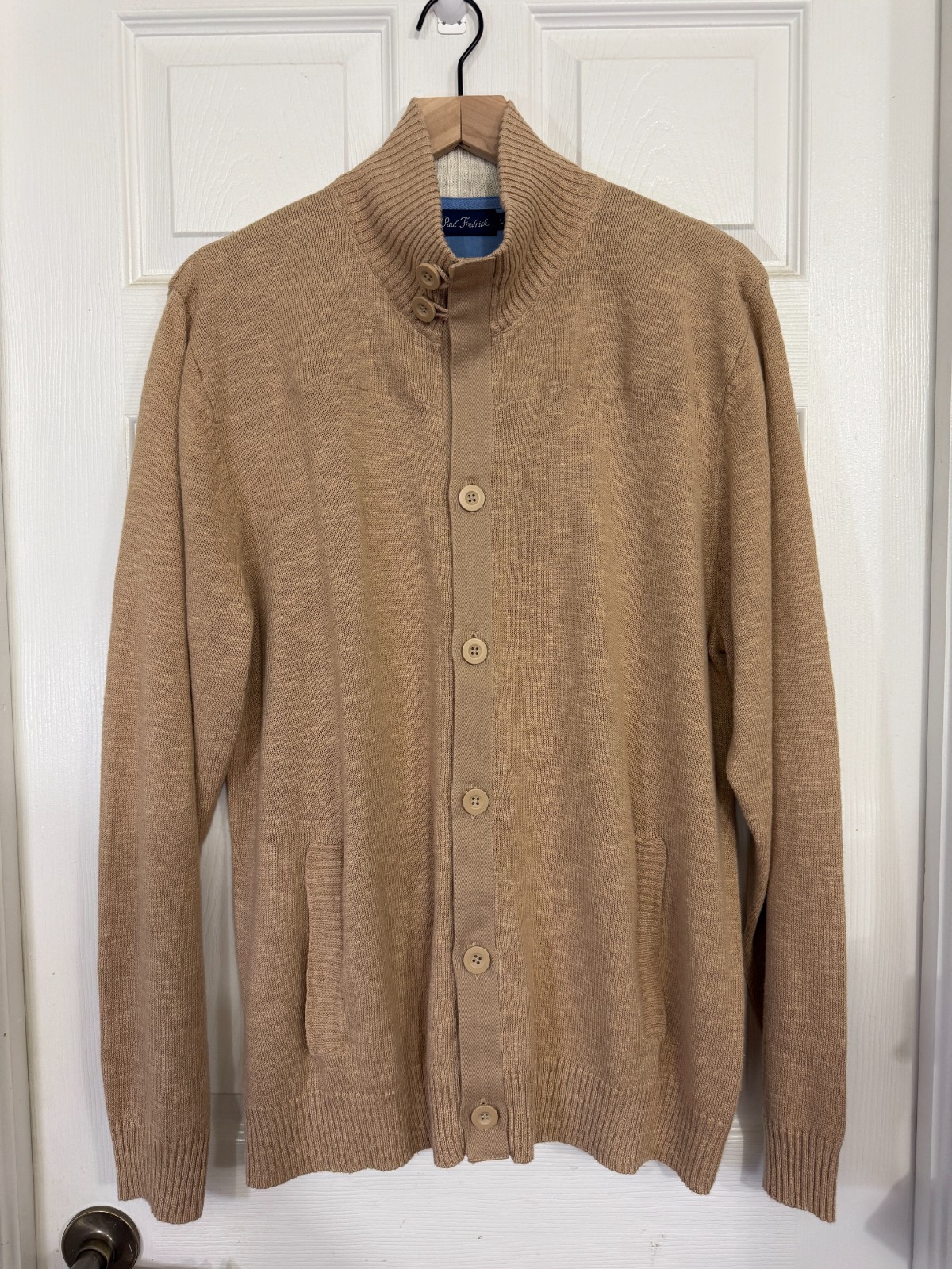Paul Fredrick Men\'s Large Button Front Cardigan Sweater Tan Camel Mock Collar
