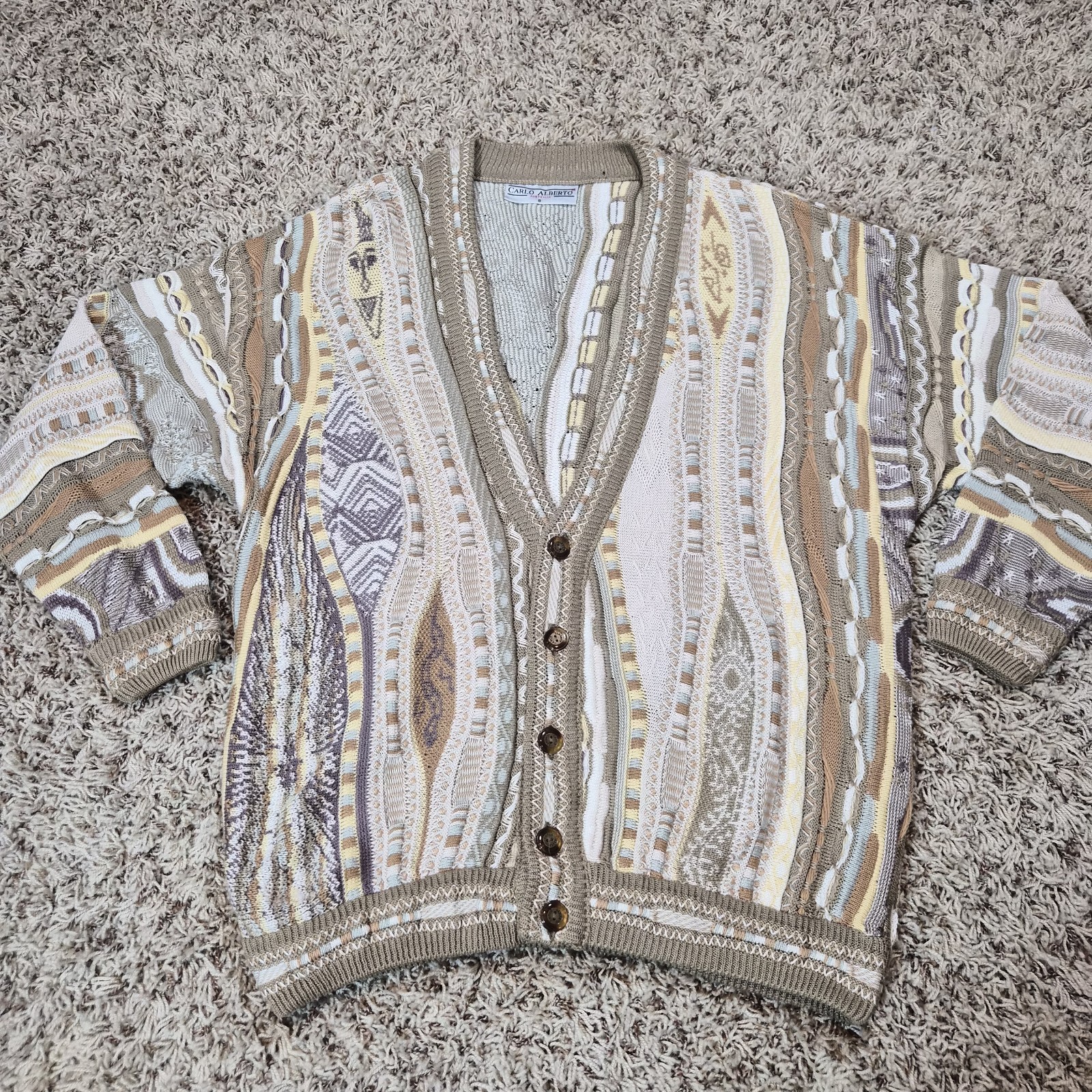 Carlo Alberto Men\'s Textured Knit Cardigan Sweater Button Geometric Beige 