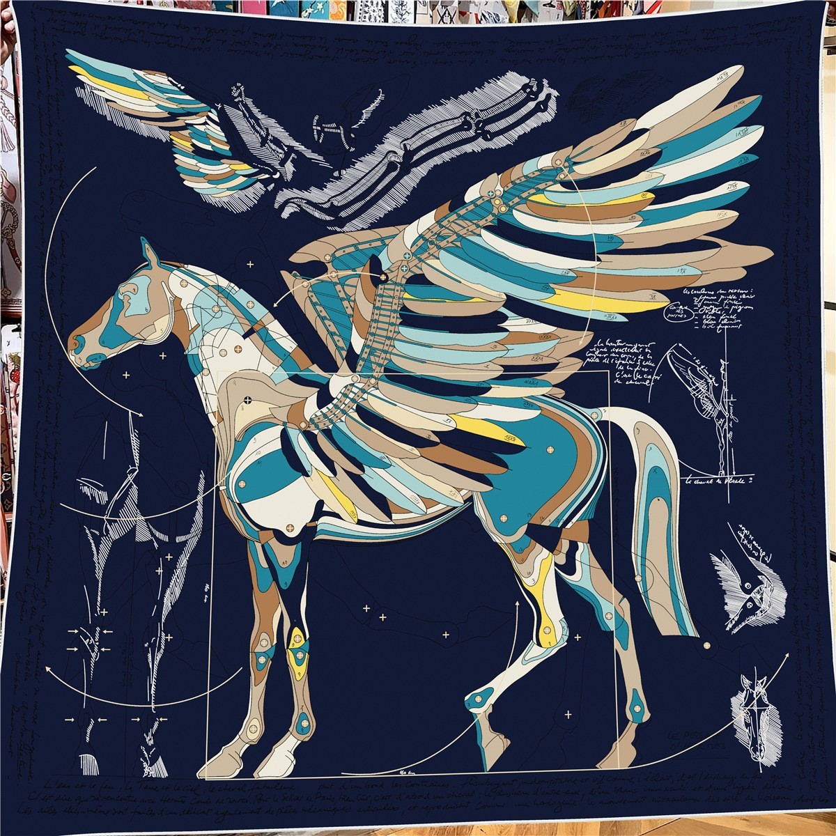 70% Wool 30% Silk Scarf Women 135cm Large Square Pegasus Print Shawl 70% Wool 30% Silk Scarf Women 135cm Large Square Pegasus Print Shawl